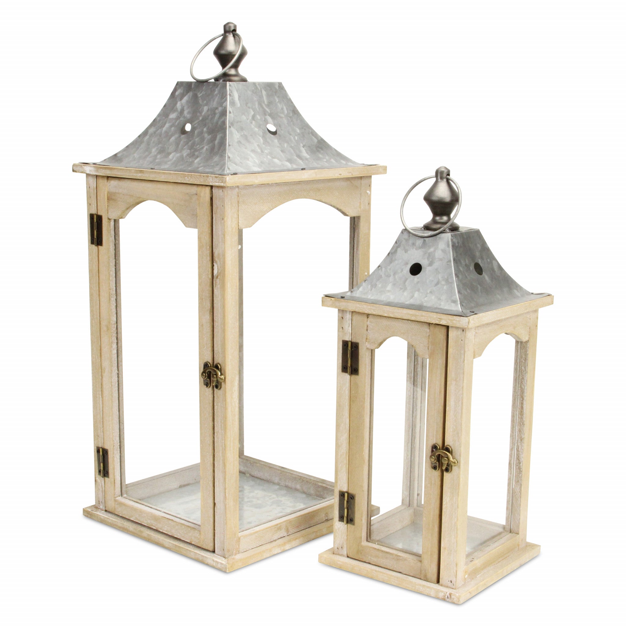 Set Of 2 Brown Wood Finished Frame Glass And Metal Top Lanterns