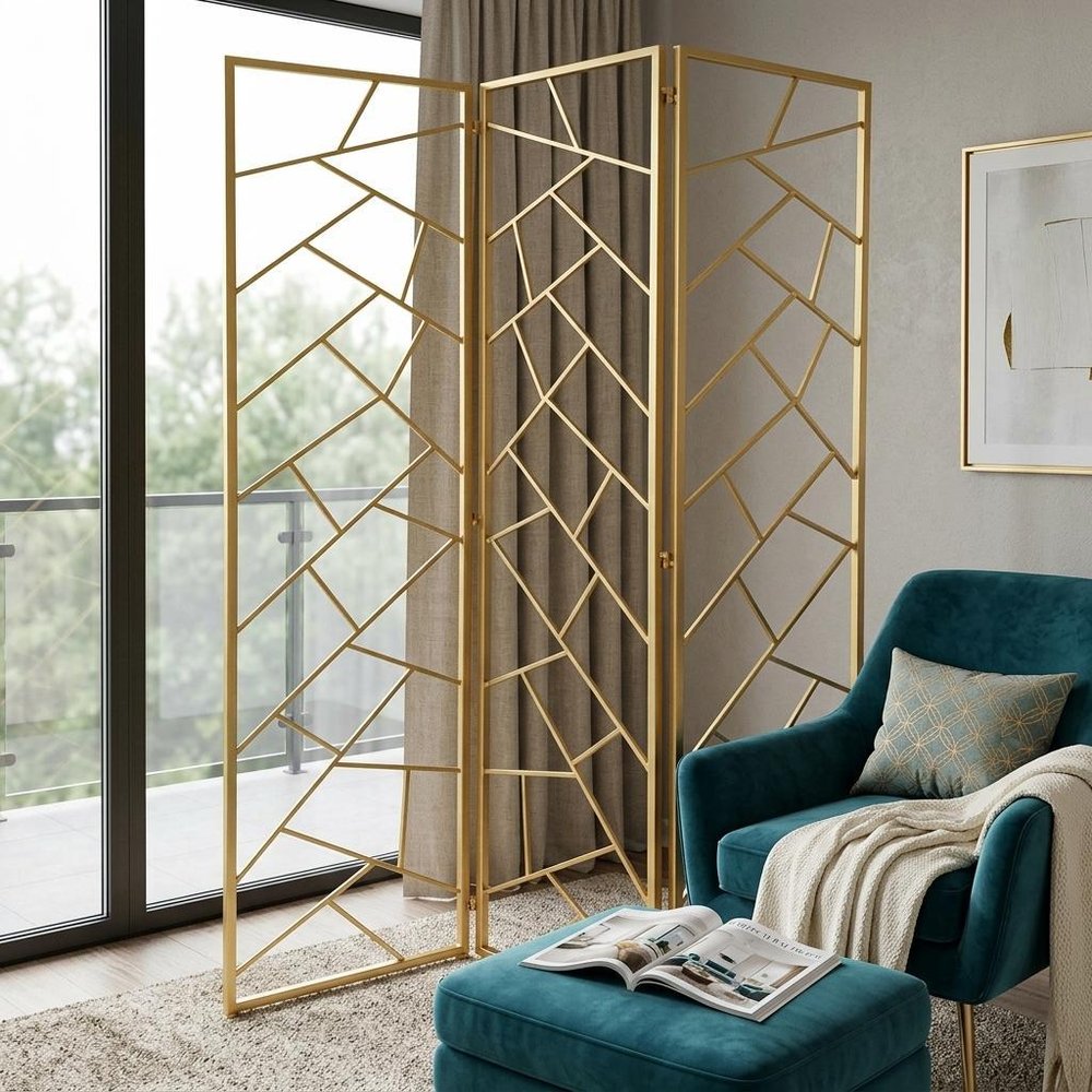 71" Gold IronFolding Three Panel Screen Room Divider
