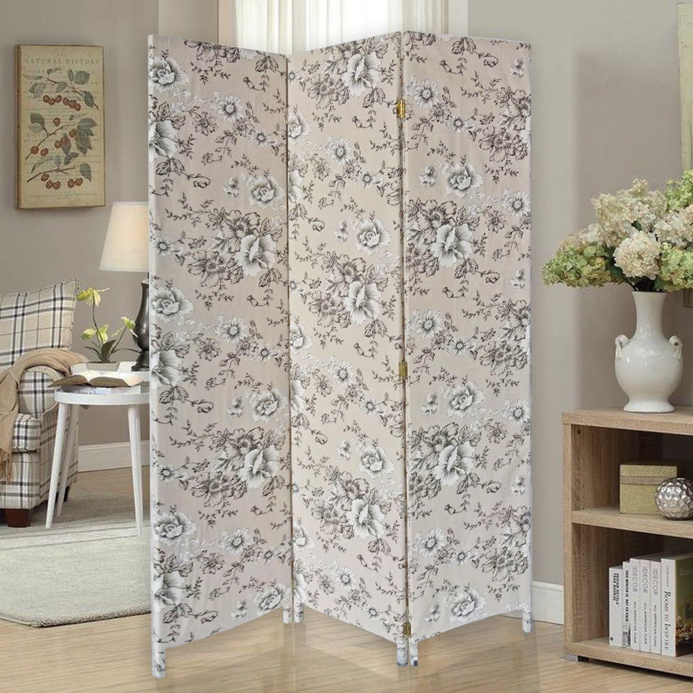 3 Panel Beige And Black Soft Fabric Finish Room Divider