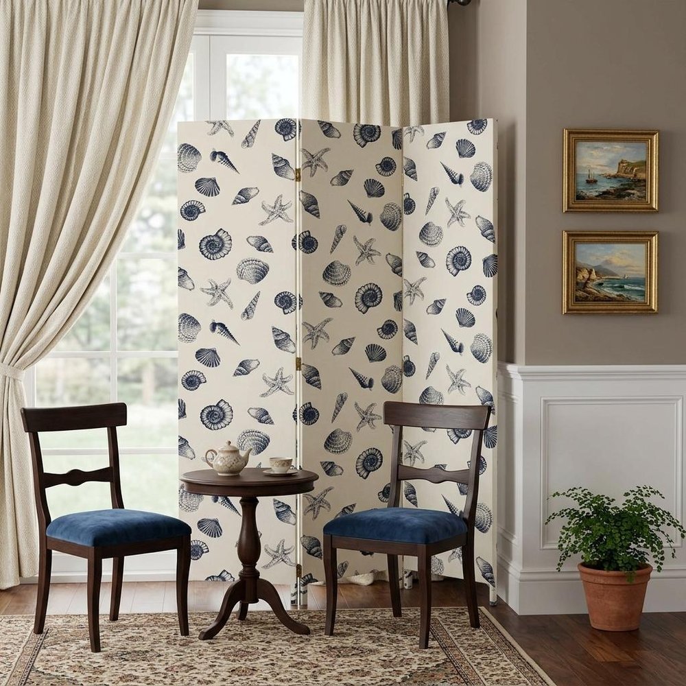 71" Blue and Beige Fabric Folding Three Panel Screen Room Divider