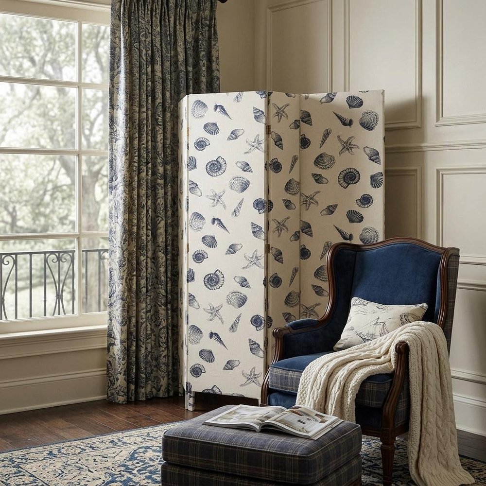 71" Blue and Beige Fabric Folding Three Panel Screen Room Divider