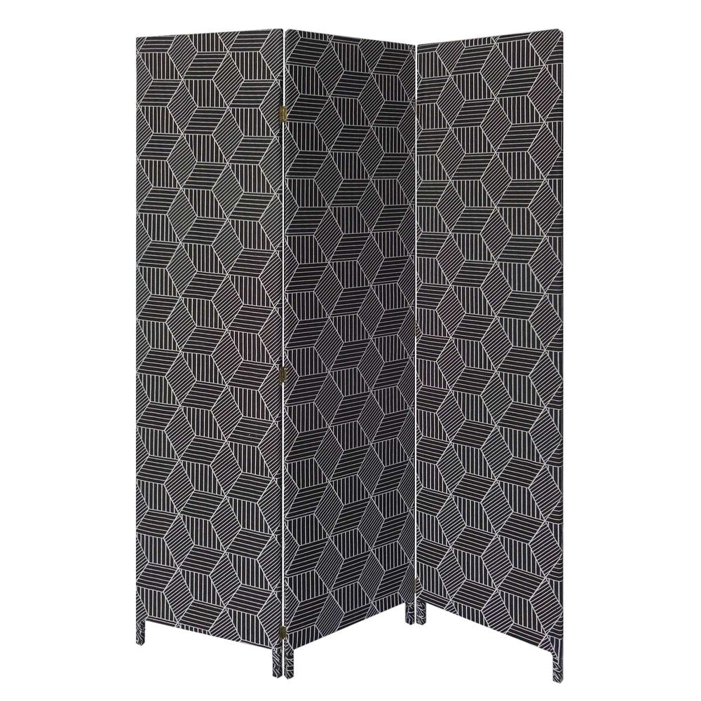 71" Black and White Fabric Folding Three Panel Screen Room Divider