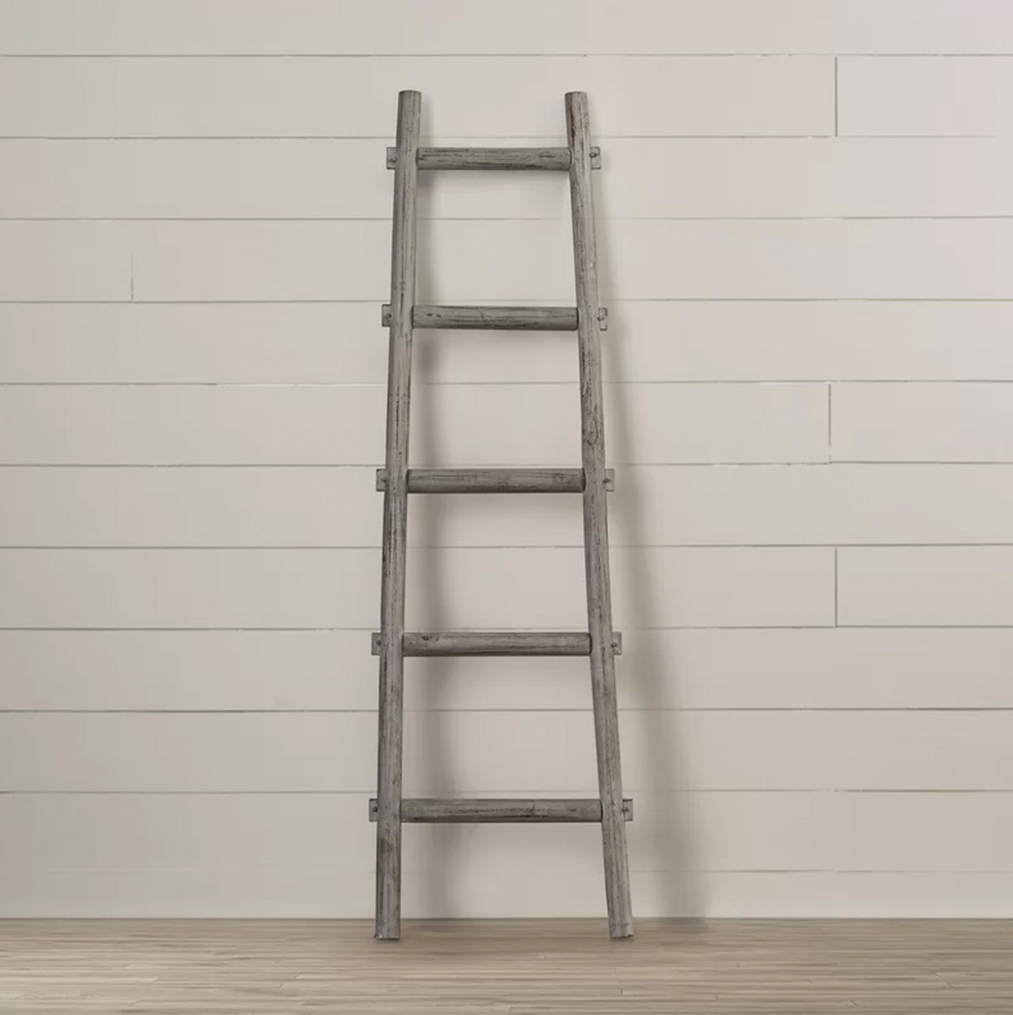 59" Gray Distressed Solid Wood Five Step Ladder Shelf