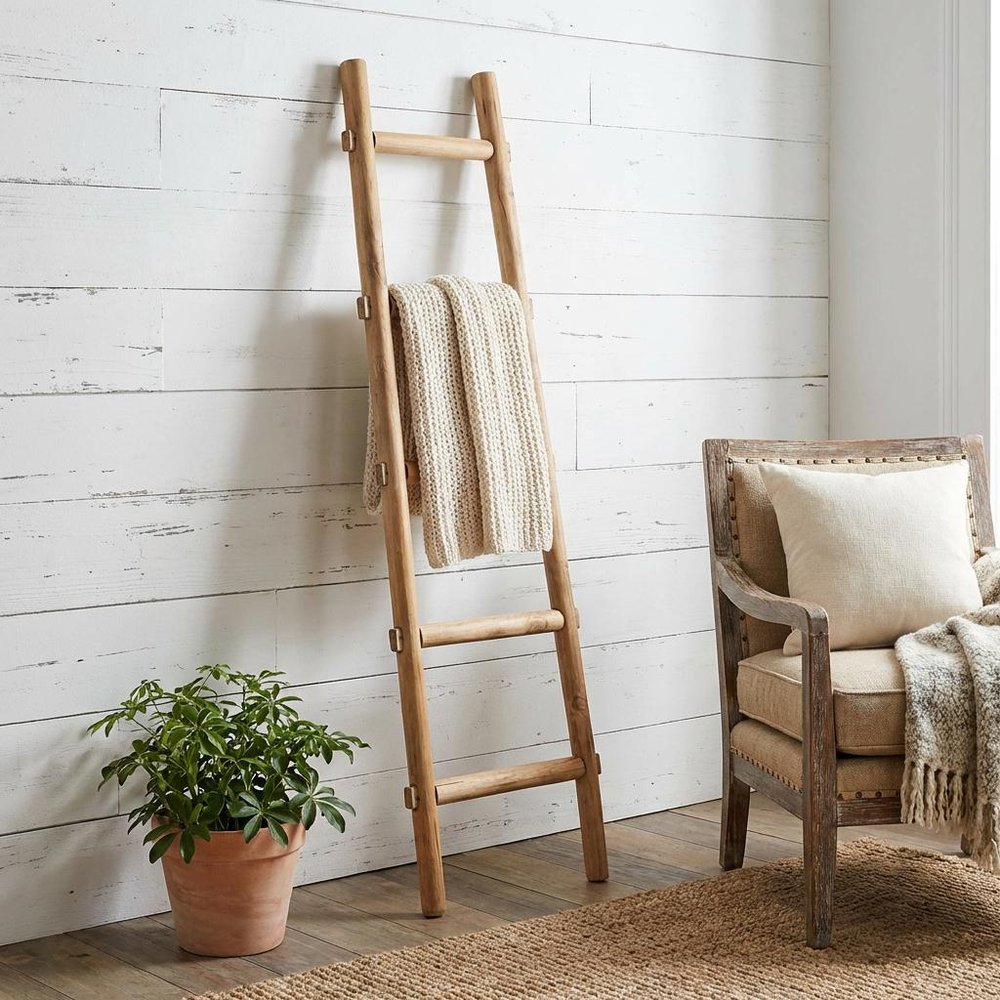 59" Gray Five Step Rustic Weathered Grey Wood Ladder Shelf