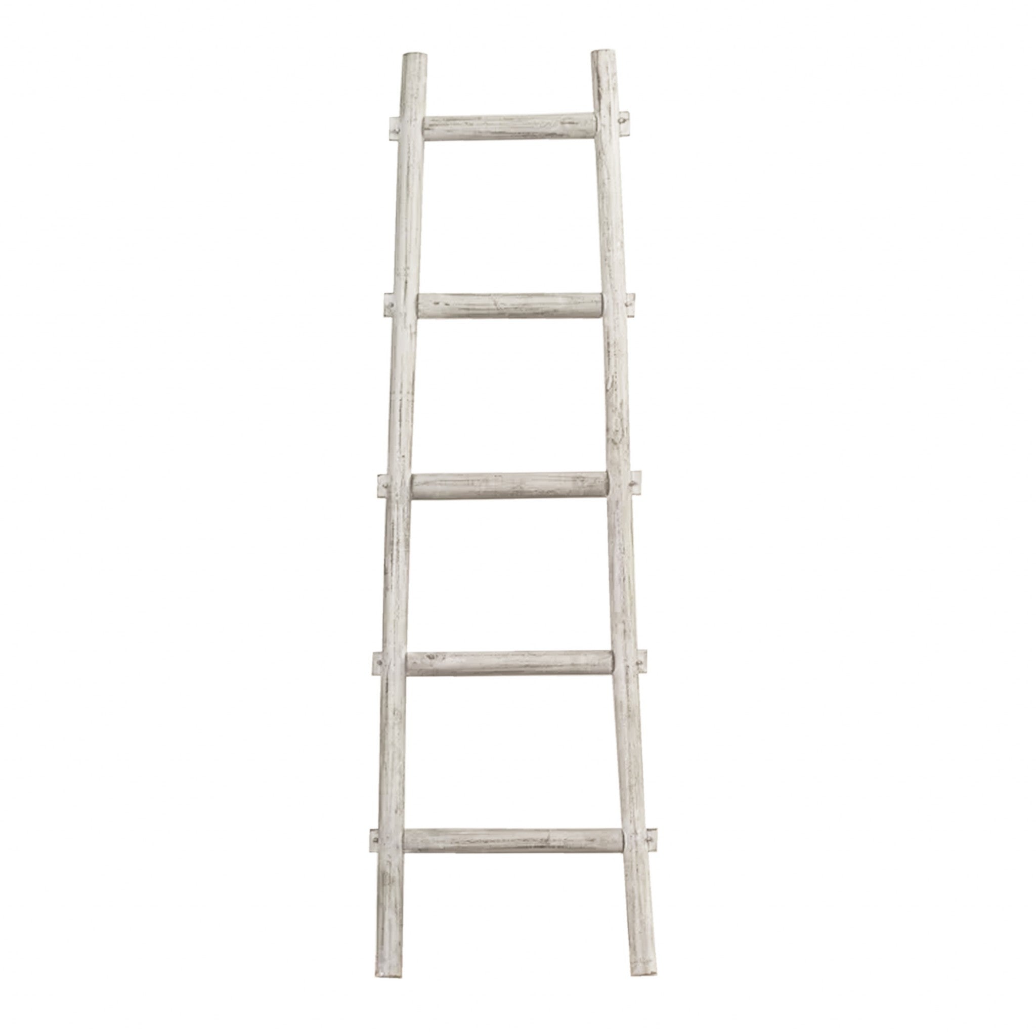 59" White Distressed Solid Wood Five Step Ladder Shelf