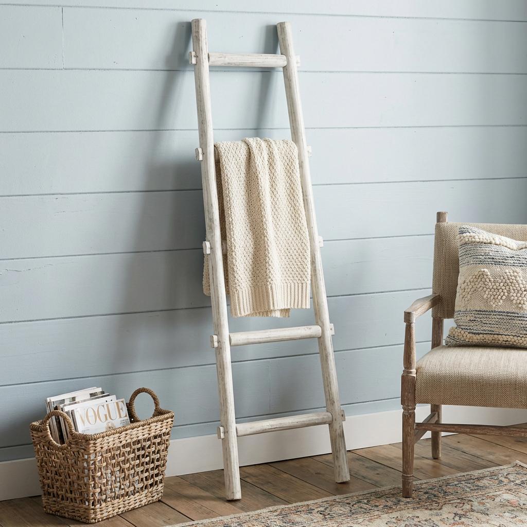 59" White Distressed Solid Wood Five Step Ladder Shelf