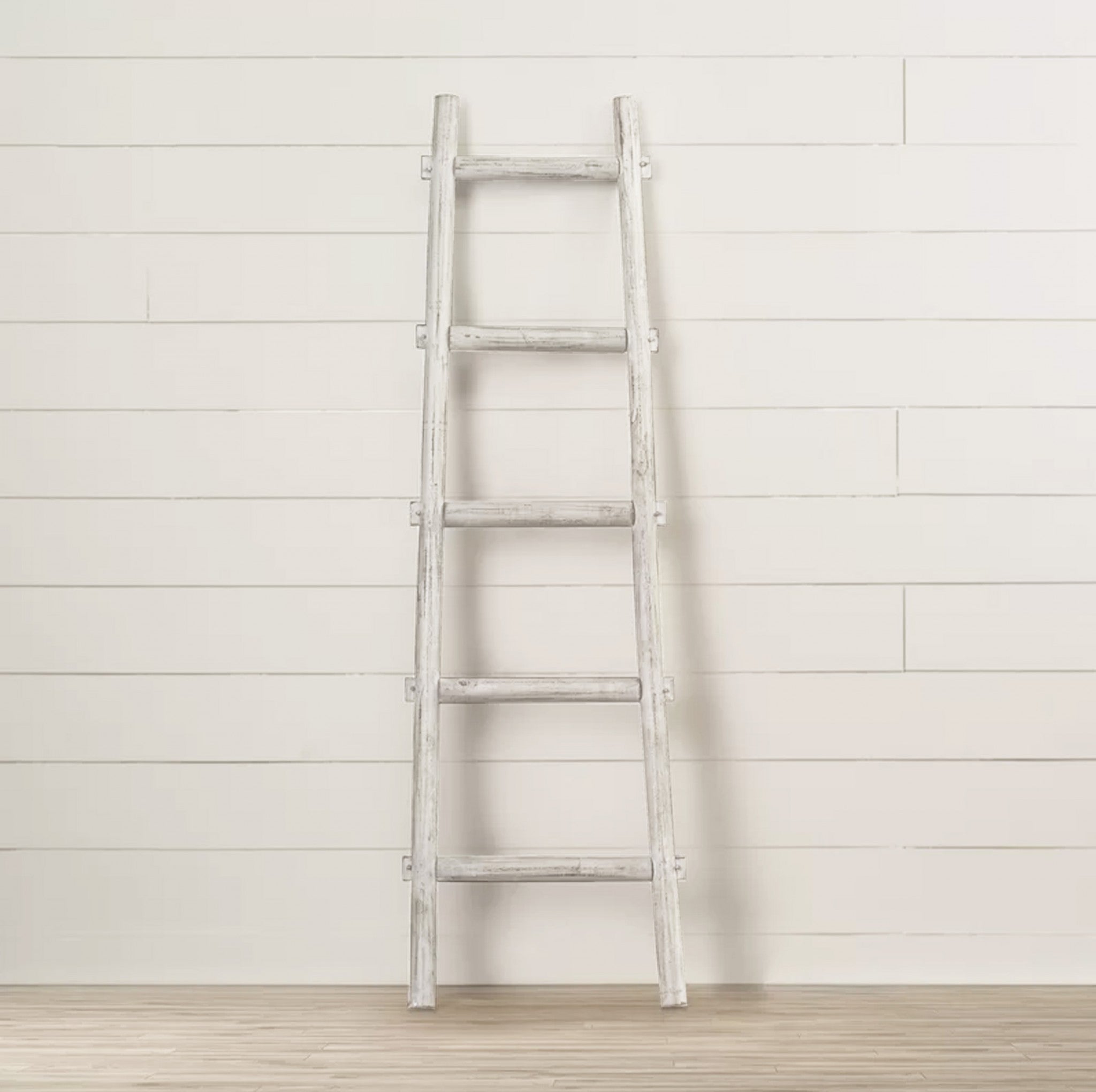 59" White Distressed Solid Wood Five Step Ladder Shelf