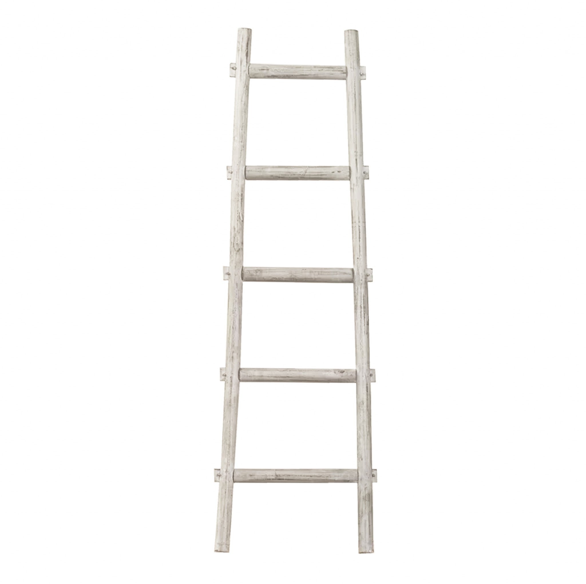 59" White Distressed Solid Wood Five Step Ladder Shelf