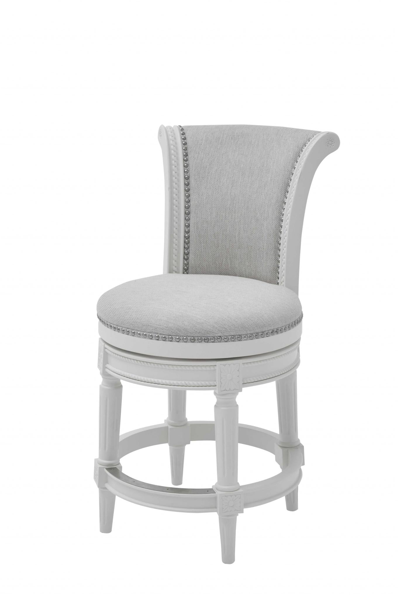 39" Light Gray And White Fabric And Linen And Wood Counter Height Swivel Bar Chair