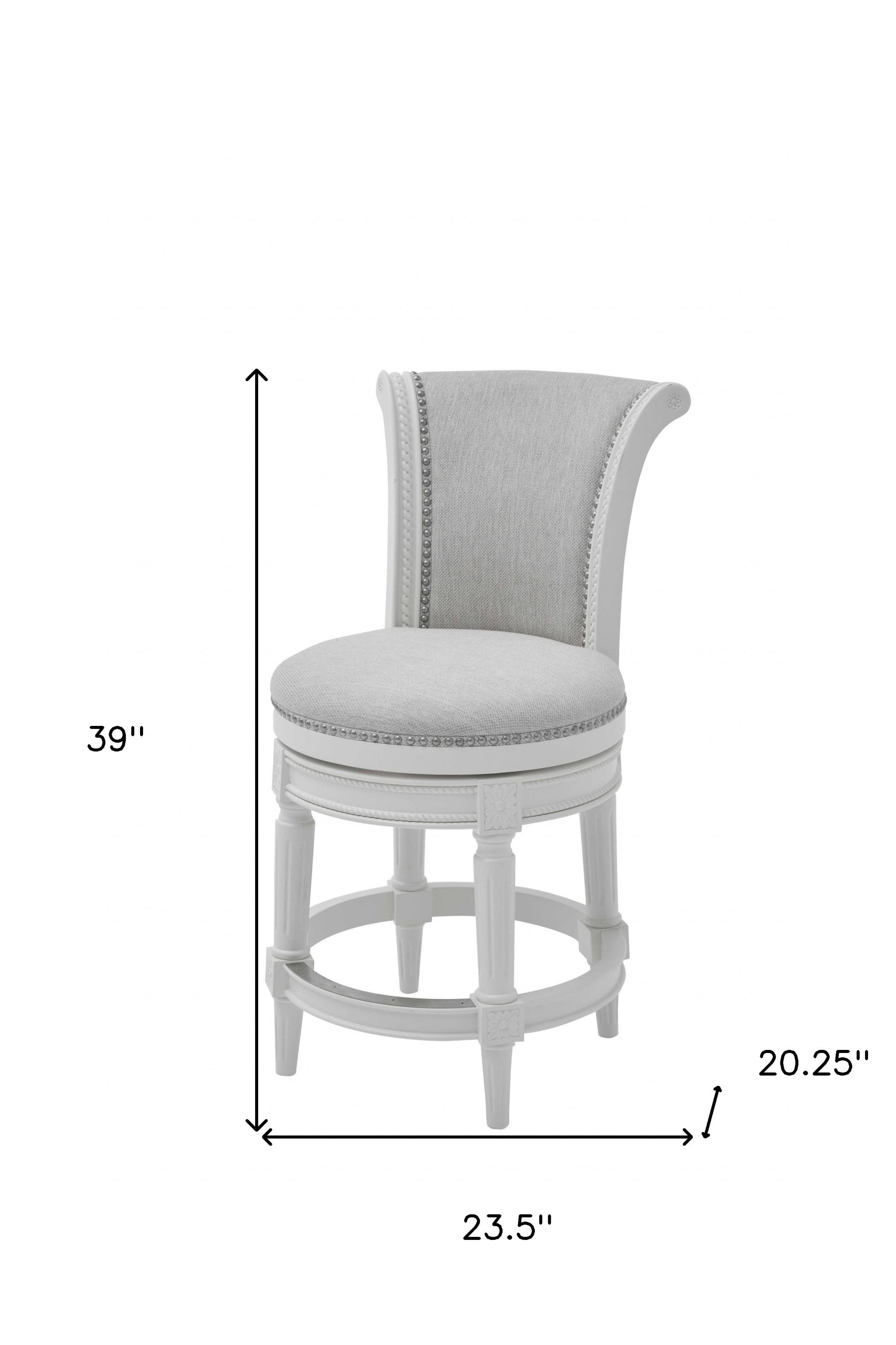 39" Light Gray And White Fabric And Linen And Wood Counter Height Swivel Bar Chair