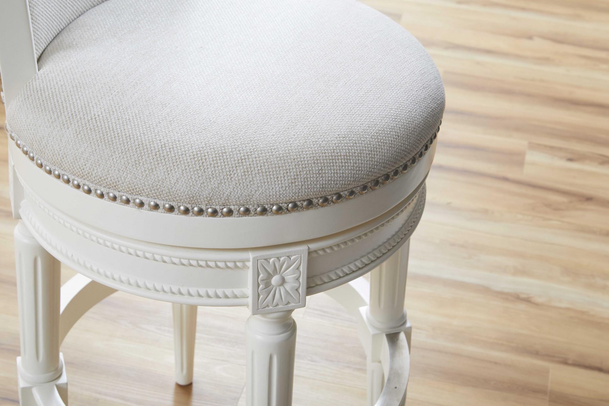 31" Light Gray And White Linen And Solid Wood Swivel Bar Chair
