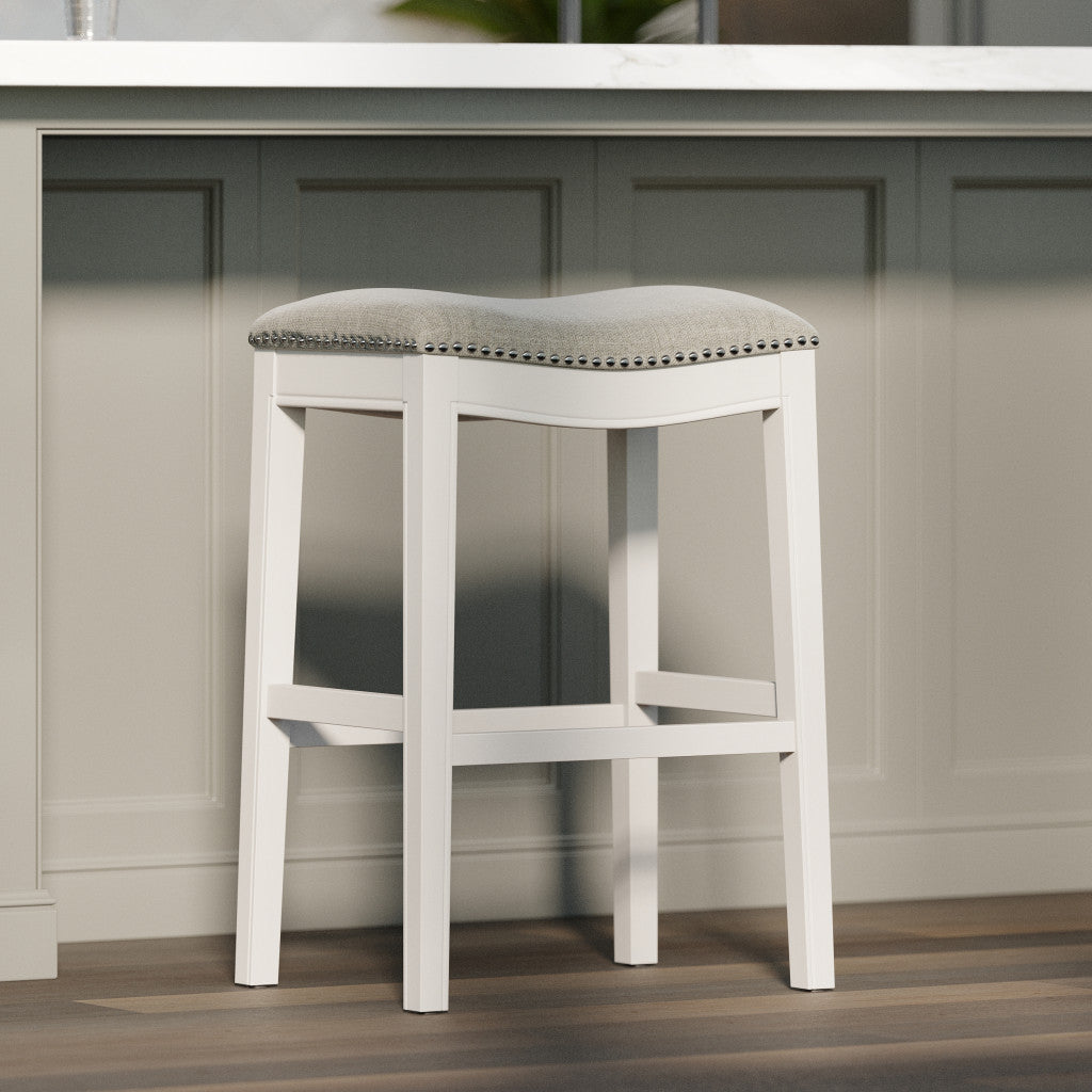 31" Light Gray And White Fabric And Solid Wood Backless Bar Height Bar Chair
