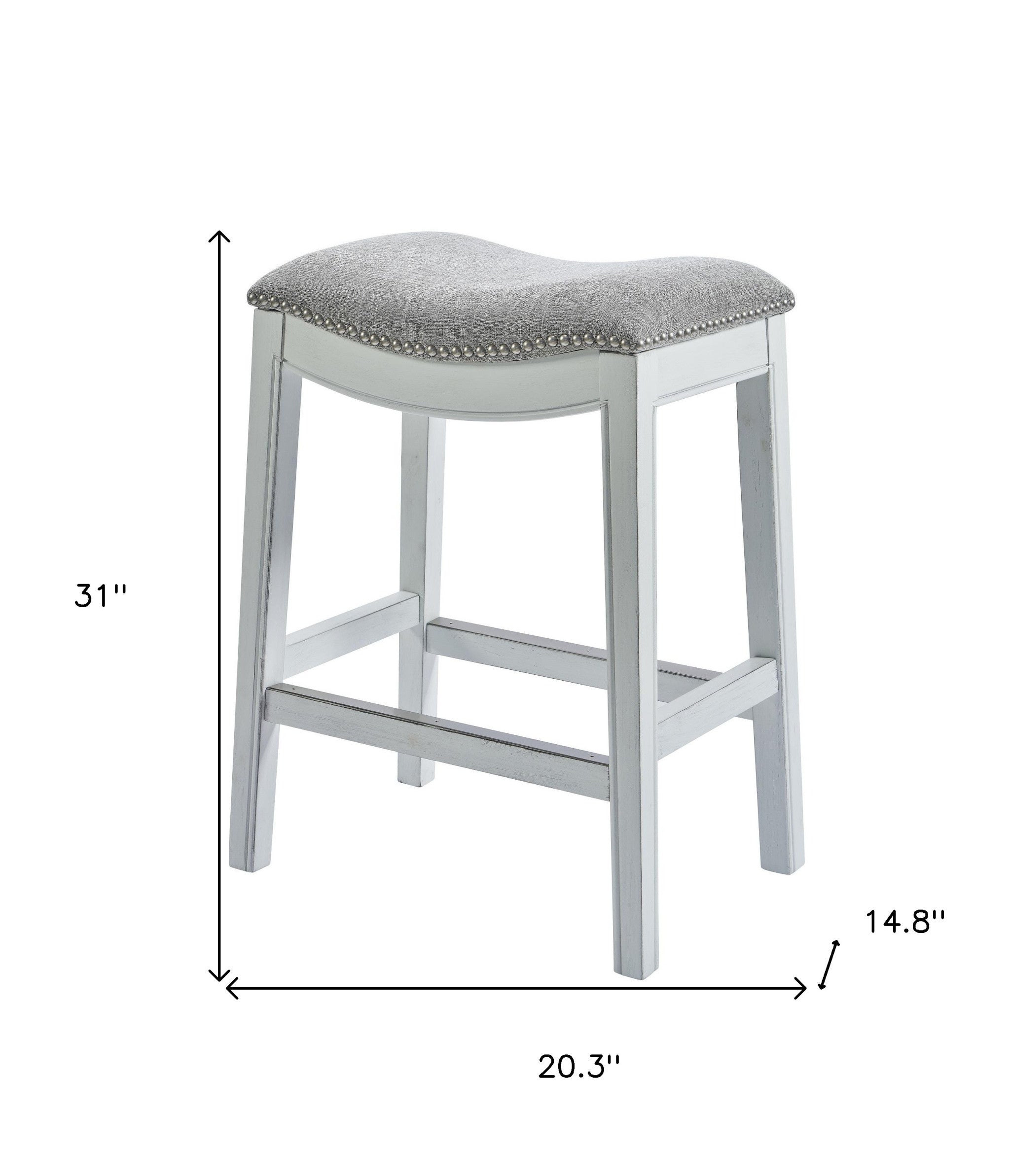 31" Light Gray And White Fabric And Solid Wood Backless Bar Height Bar Chair
