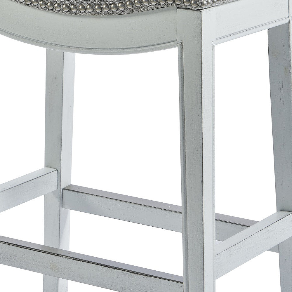 31" Light Gray And White Fabric And Solid Wood Backless Bar Height Bar Chair