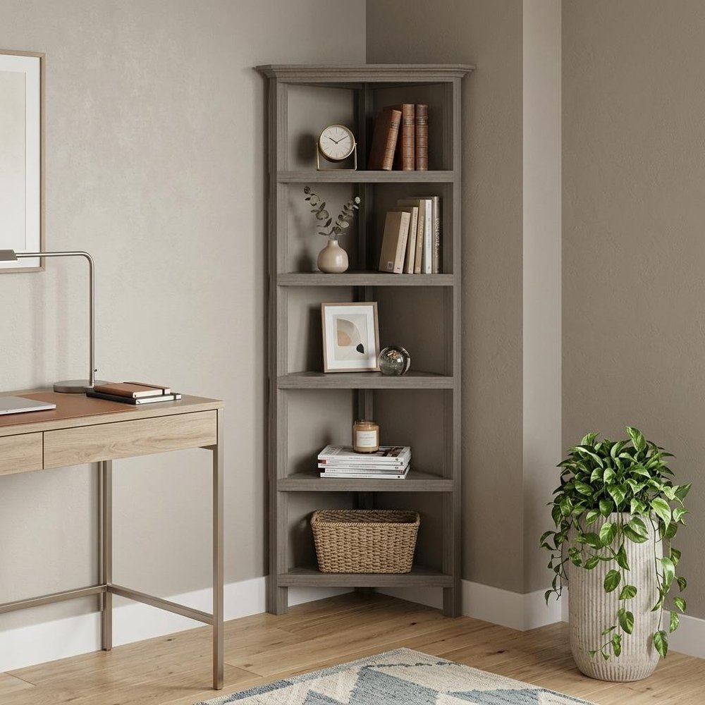 Gray Solid Wood Corner Bookcase