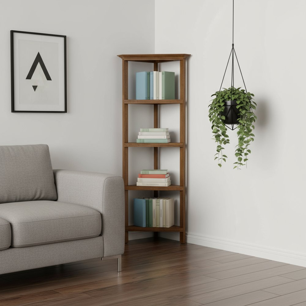 60" Walnut Solid Wood Four Tier Corner Bookcase