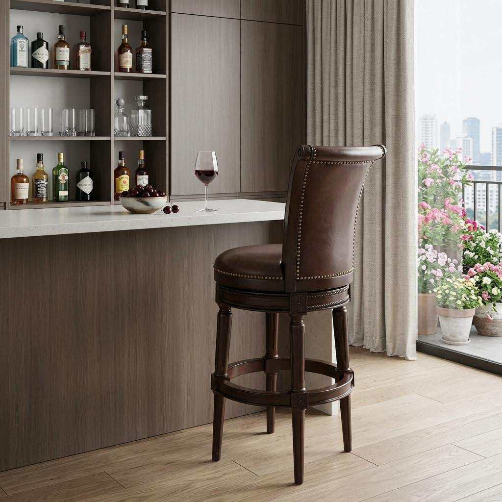 25" Walnut And Dark Brown Faux Leather And Solid Wood Bar Height Swivel Bar Chair