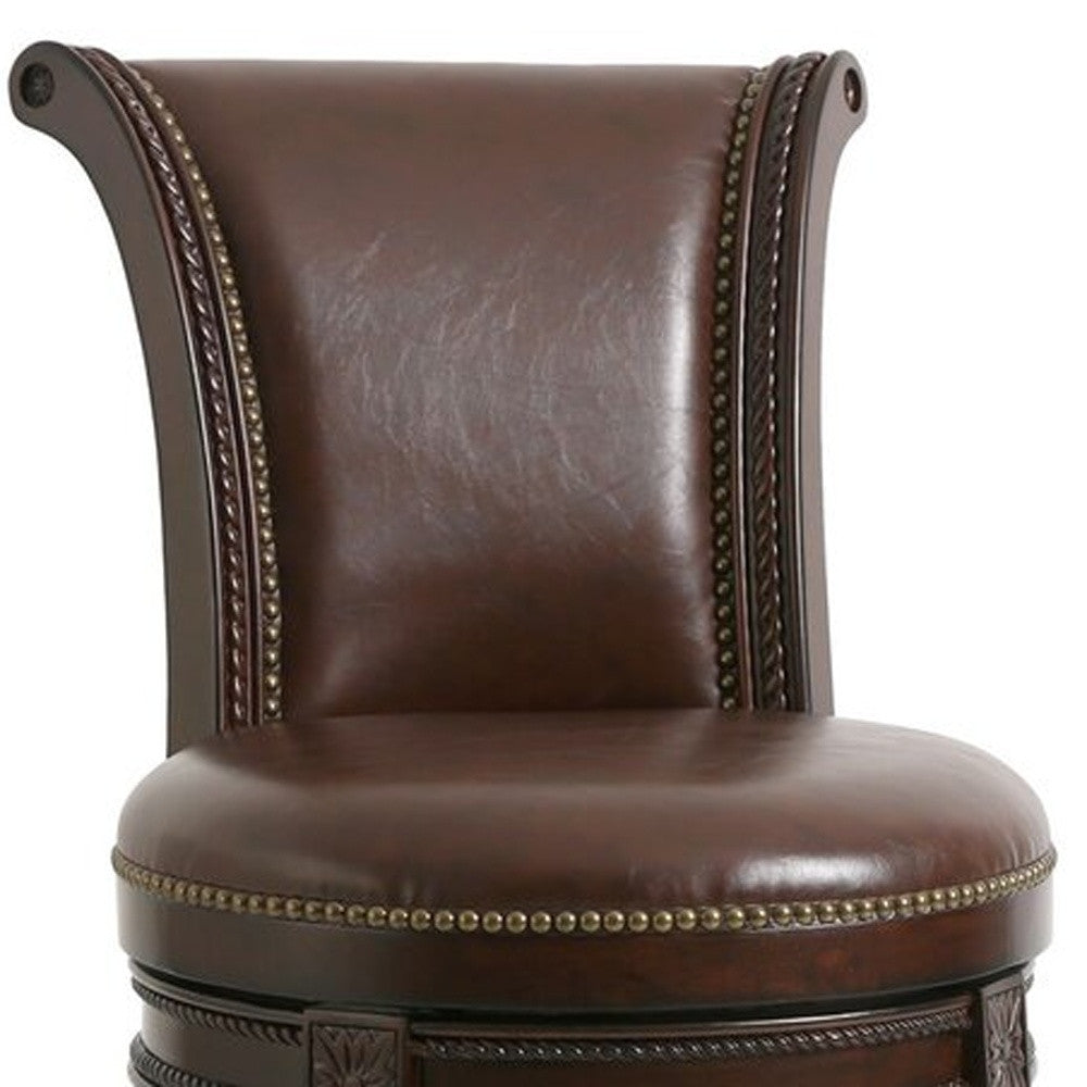 25" Walnut And Dark Brown Faux Leather And Solid Wood Bar Height Swivel Bar Chair