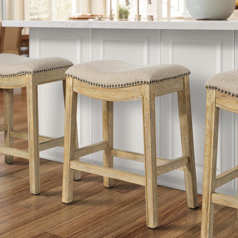 26" Cream and Wood Brown Fabric and Solid Wood Backless Counter Height Bar Chair
