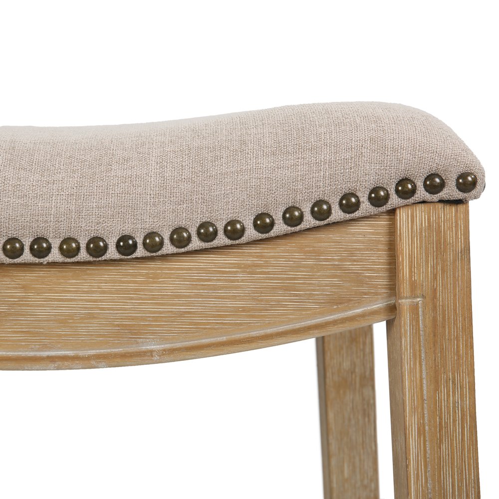 26" Cream and Wood Brown Fabric and Solid Wood Backless Counter Height Bar Chair