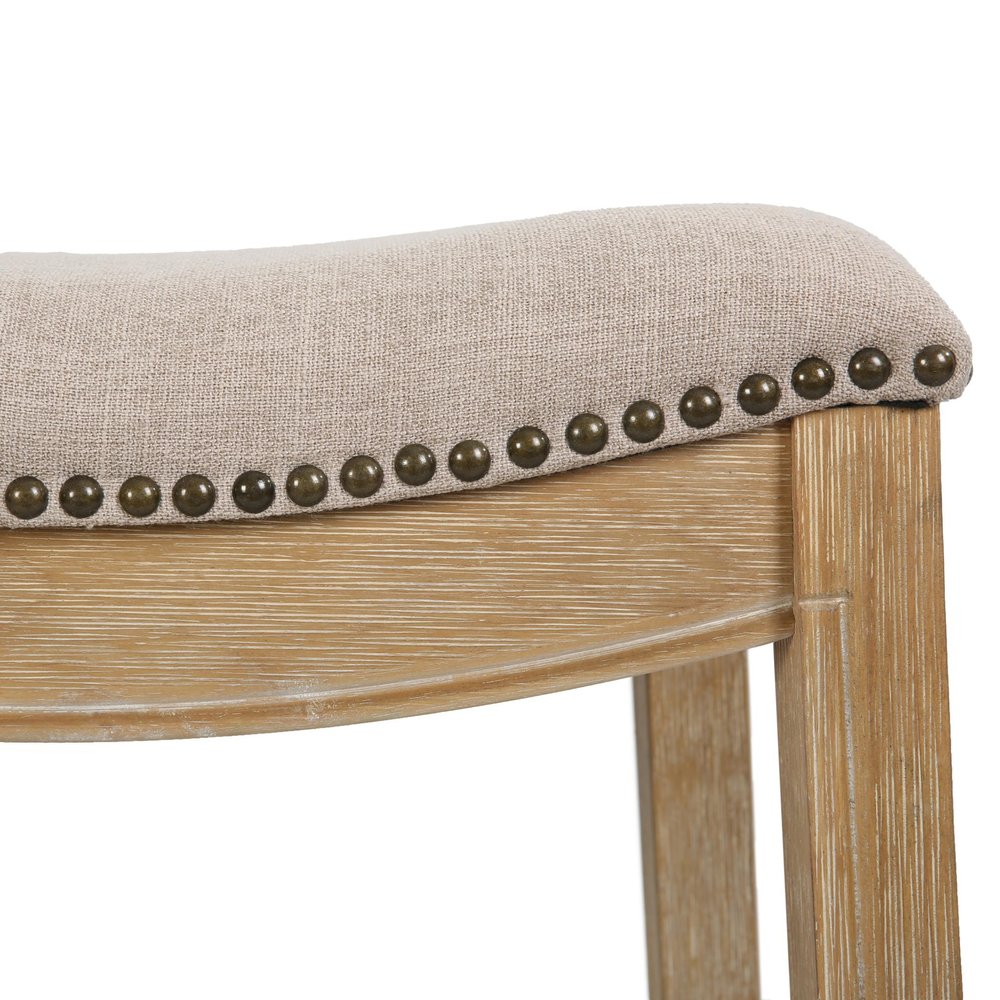 26" Cream and Wood Brown Fabric and Solid Wood Backless Counter Height Bar Chair