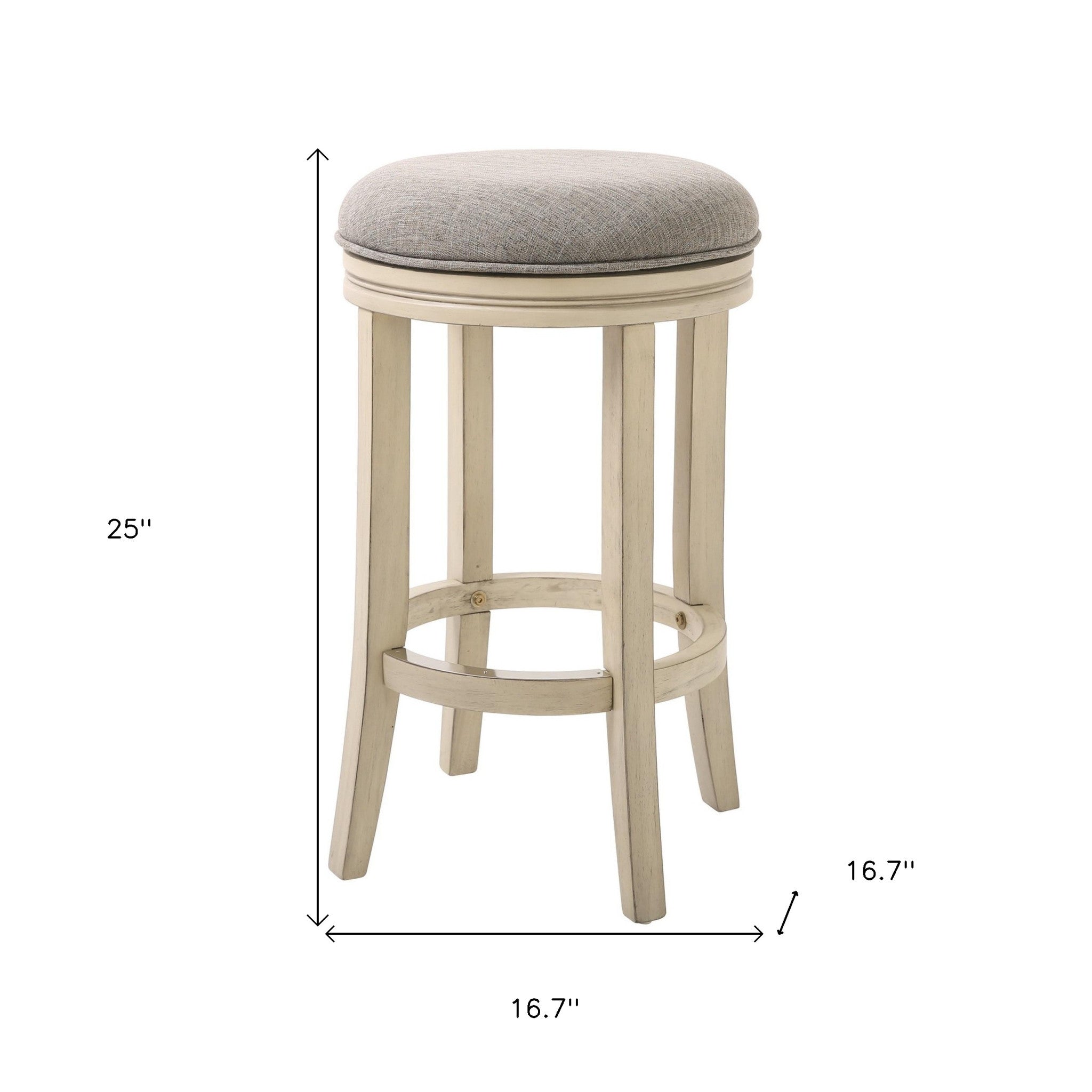 25" Gray And Ivory Fabric And Linen And Solid Wood Backless Counter Height Swivel Bar Chair