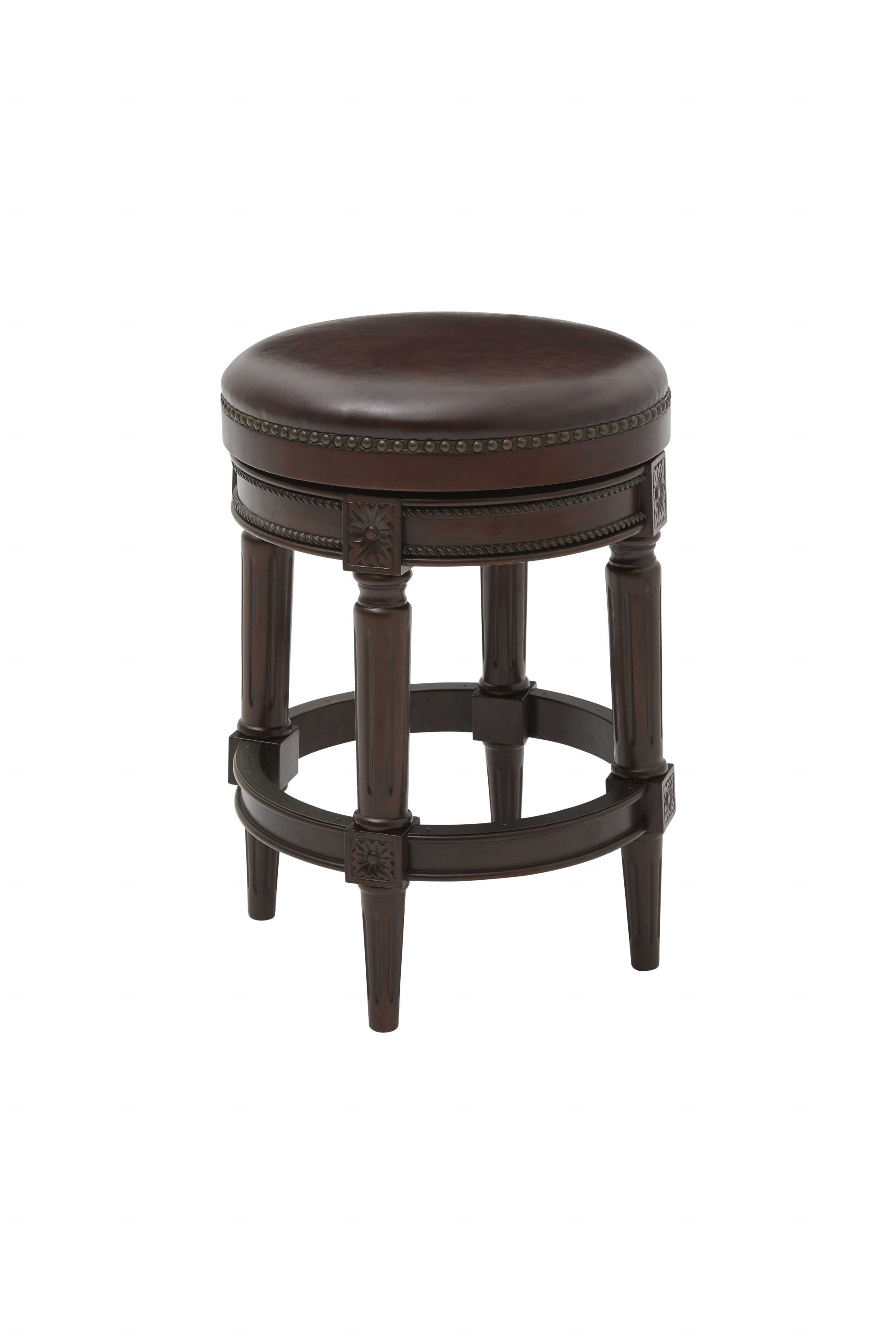 26" Dark Brown And Brown Faux Leather And Wood Backless Counter Height Swivel Bar Chair