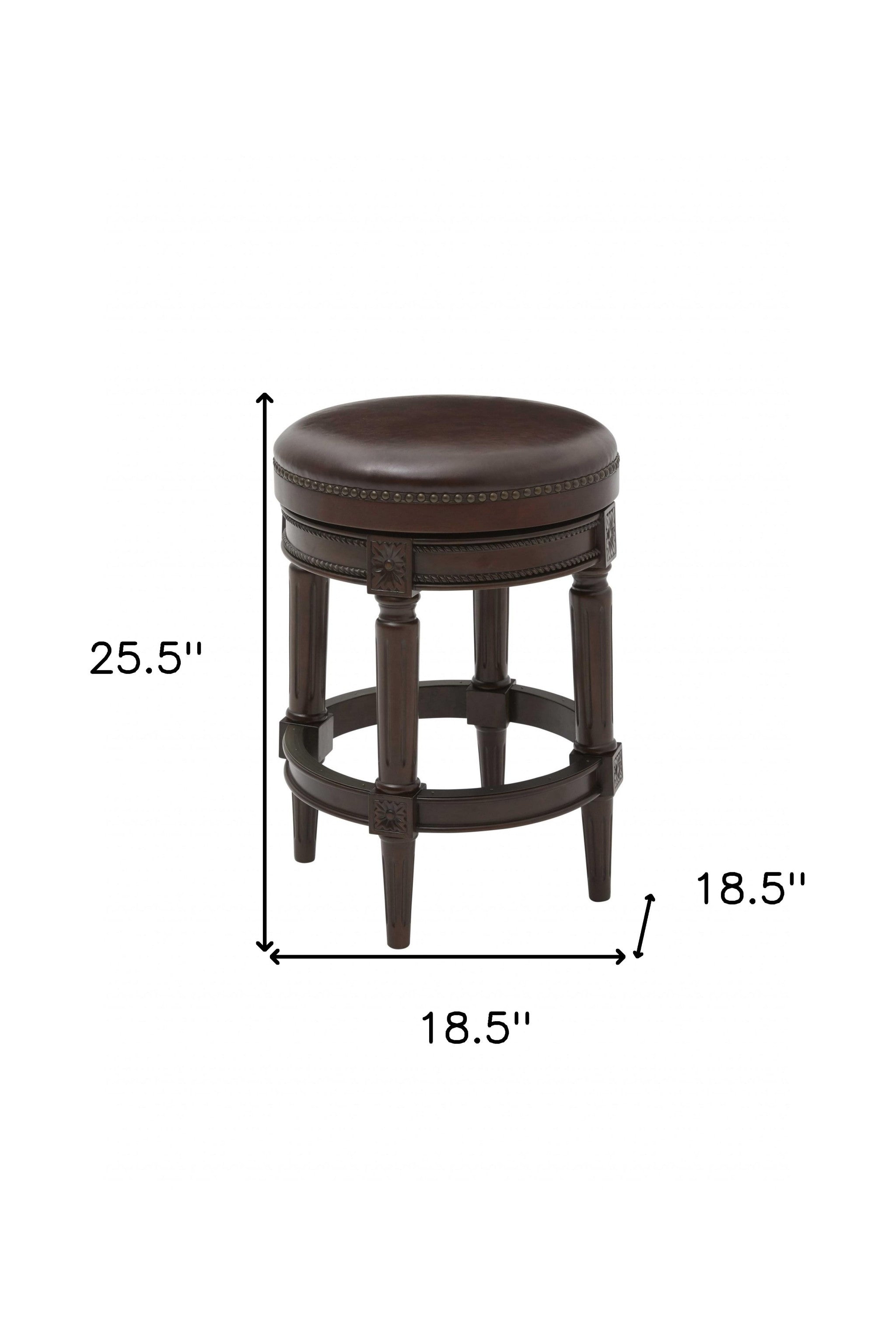 26" Dark Brown And Brown Faux Leather And Wood Backless Counter Height Swivel Bar Chair
