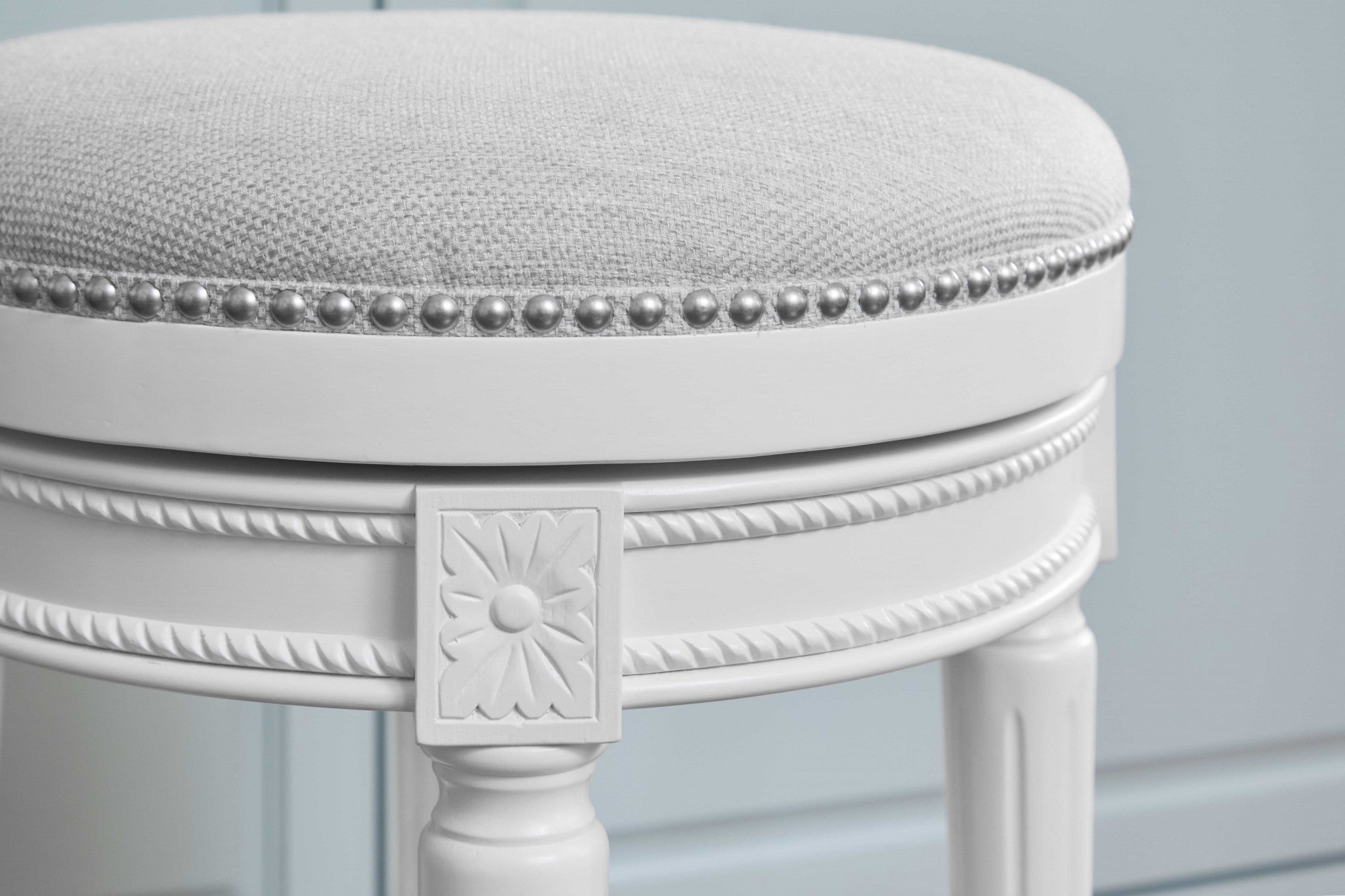26" White Fabric And Solid Wood Backless Counter Height Swivel Bar Chair