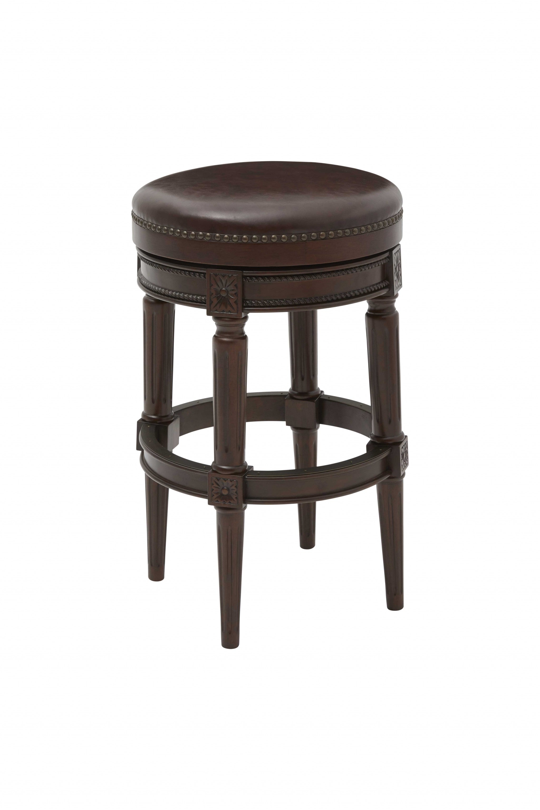 31" Brown Faux Leather And Solid Wood Backless Counter Height Swivel Bar Chair