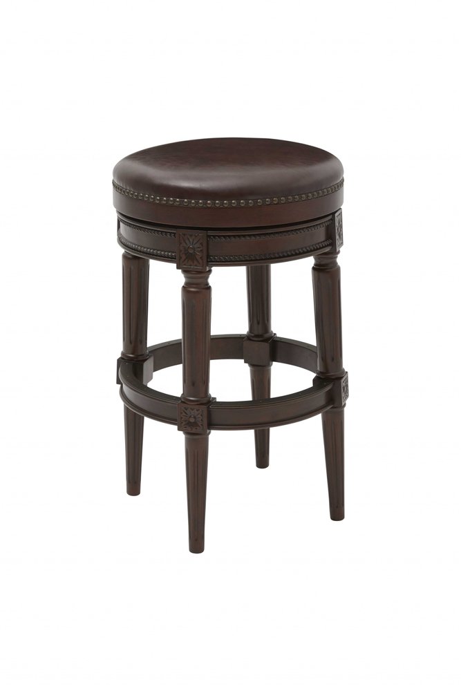 31" Brown Faux Leather And Solid Wood Backless Counter Height Swivel Bar Chair