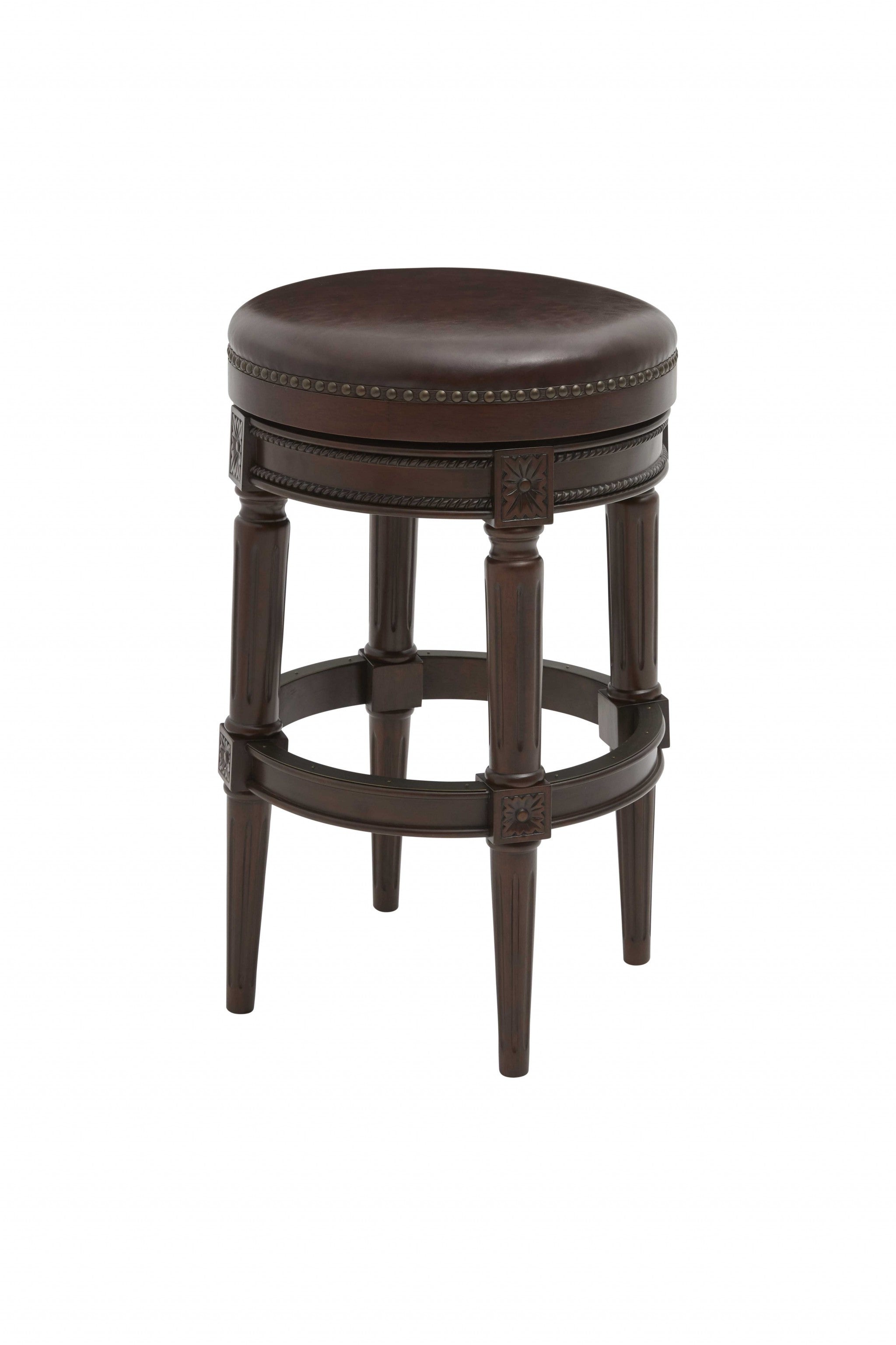 31" Brown Faux Leather And Solid Wood Backless Counter Height Swivel Bar Chair