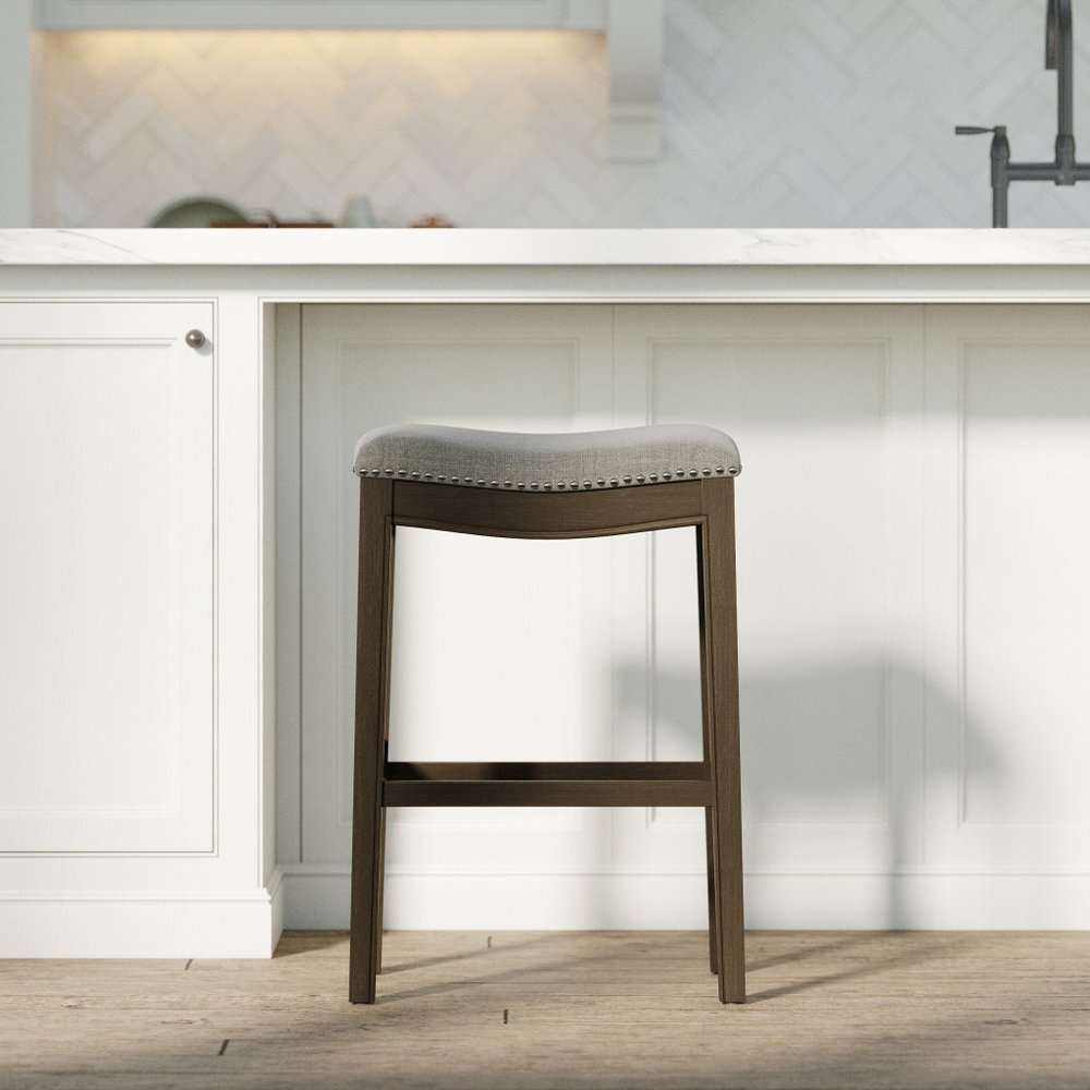 31" Taupe and Brown Solid Wood Backless Bar Height Bar Chair