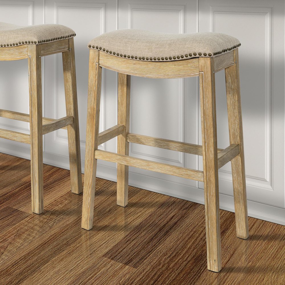 31" Linen and Natural Solid Wood Backless Bar Height Bar Chair