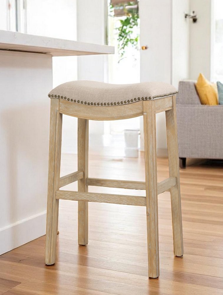 31" Linen and Natural Solid Wood Backless Bar Height Bar Chair