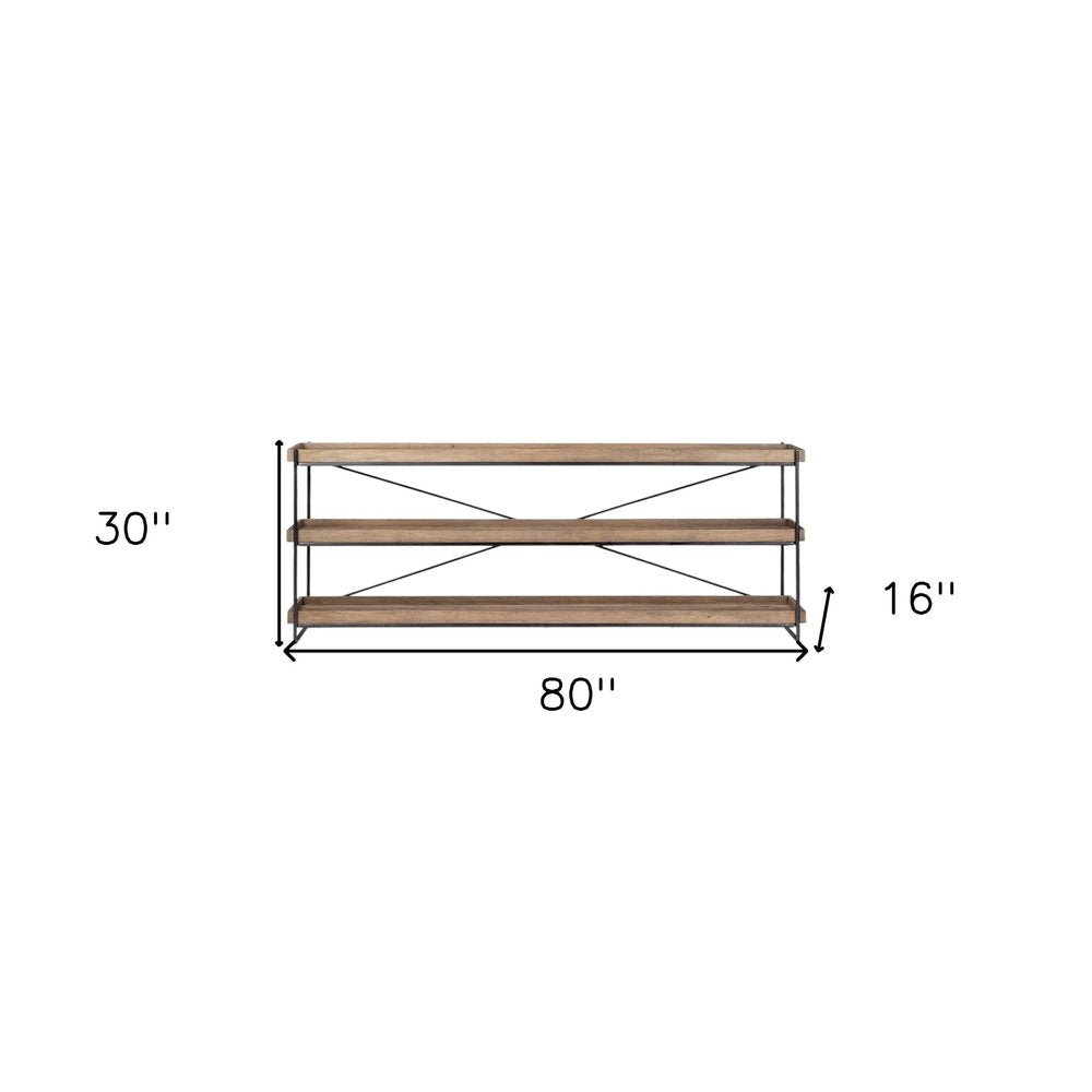 80" Light Brown and Black Solid Wood and Iron Console Table With Two Shelves