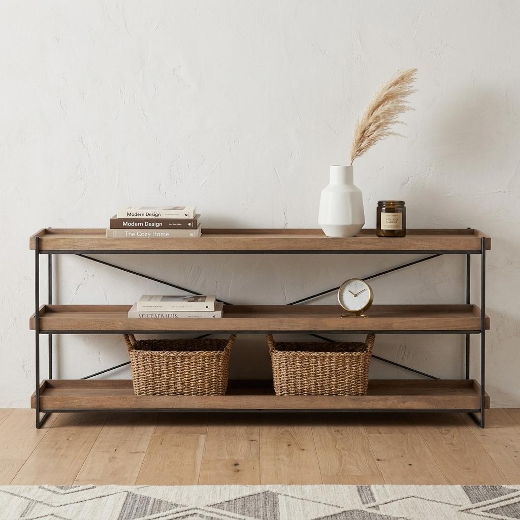 80" Light Brown and Black Solid Wood and Iron Console Table With Two Shelves
