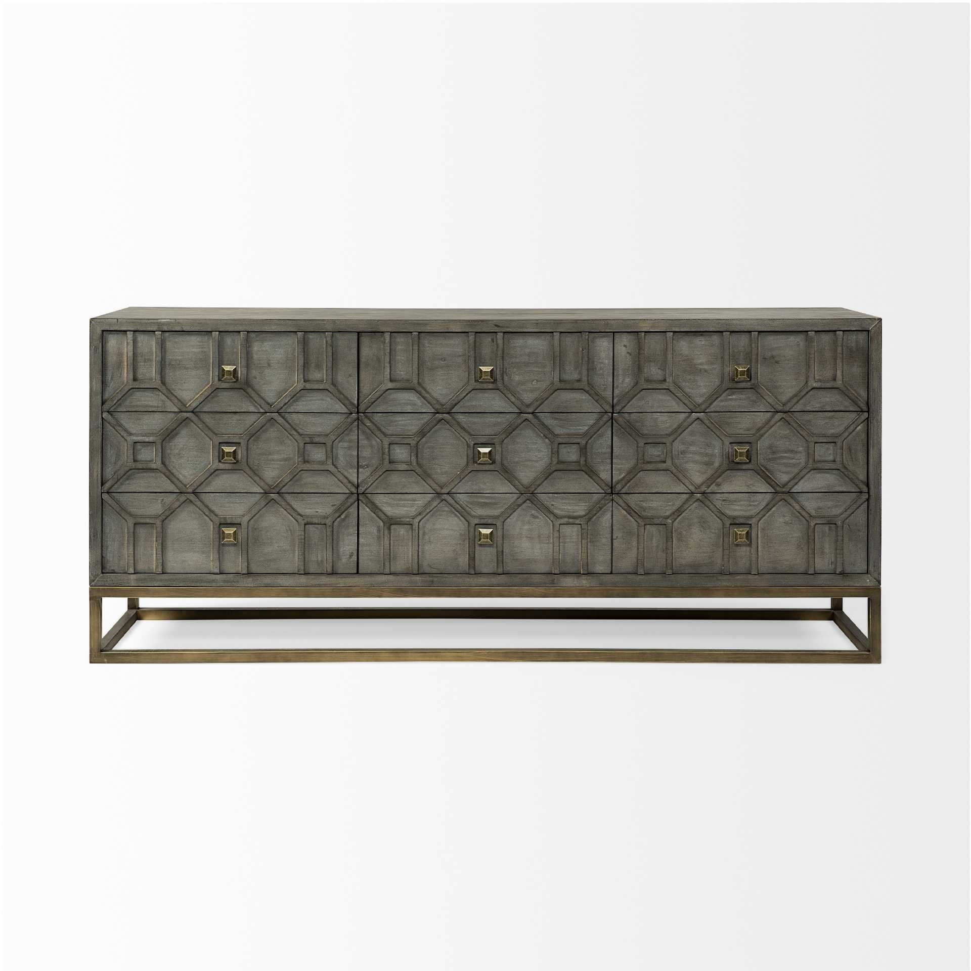 16" Brown And Antiqued Gold Solid Wood Nine Drawer Sideboard