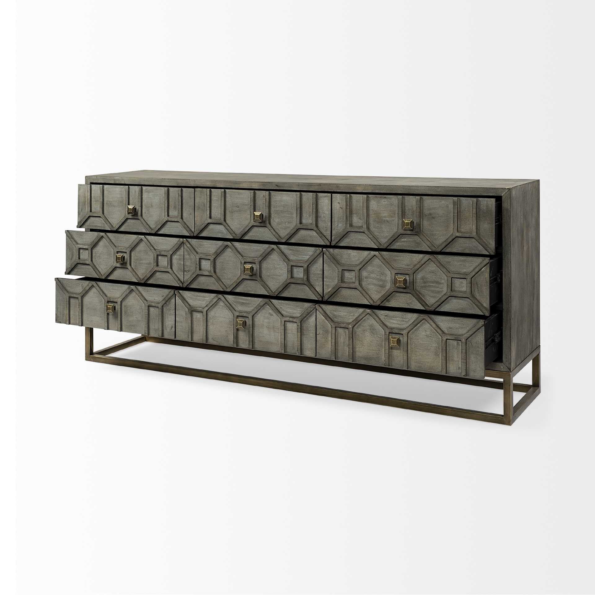 16" Brown And Antiqued Gold Solid Wood Nine Drawer Sideboard