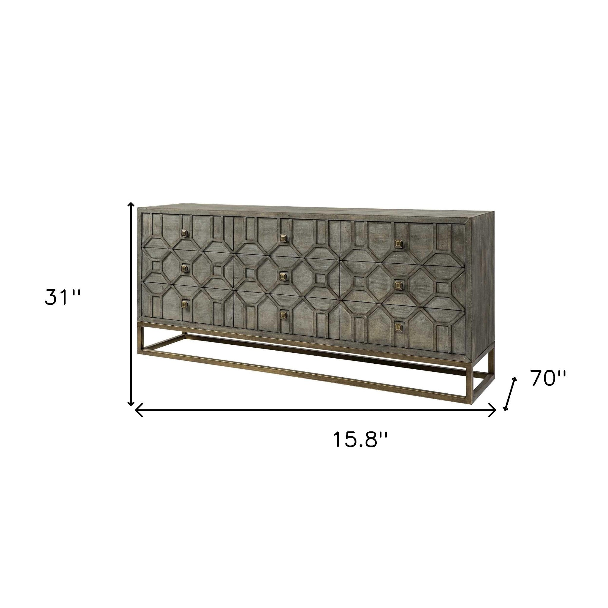 16" Brown And Antiqued Gold Solid Wood Nine Drawer Sideboard