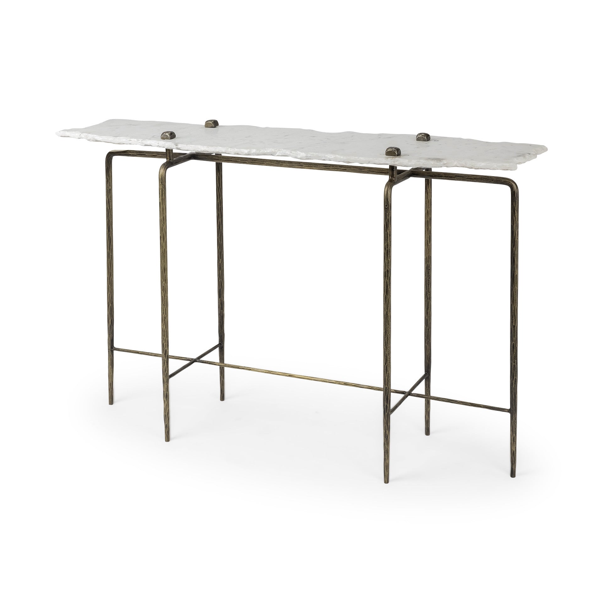 49" White and Brass Genuine Marble and Iron Distressed Six Leg Console Table