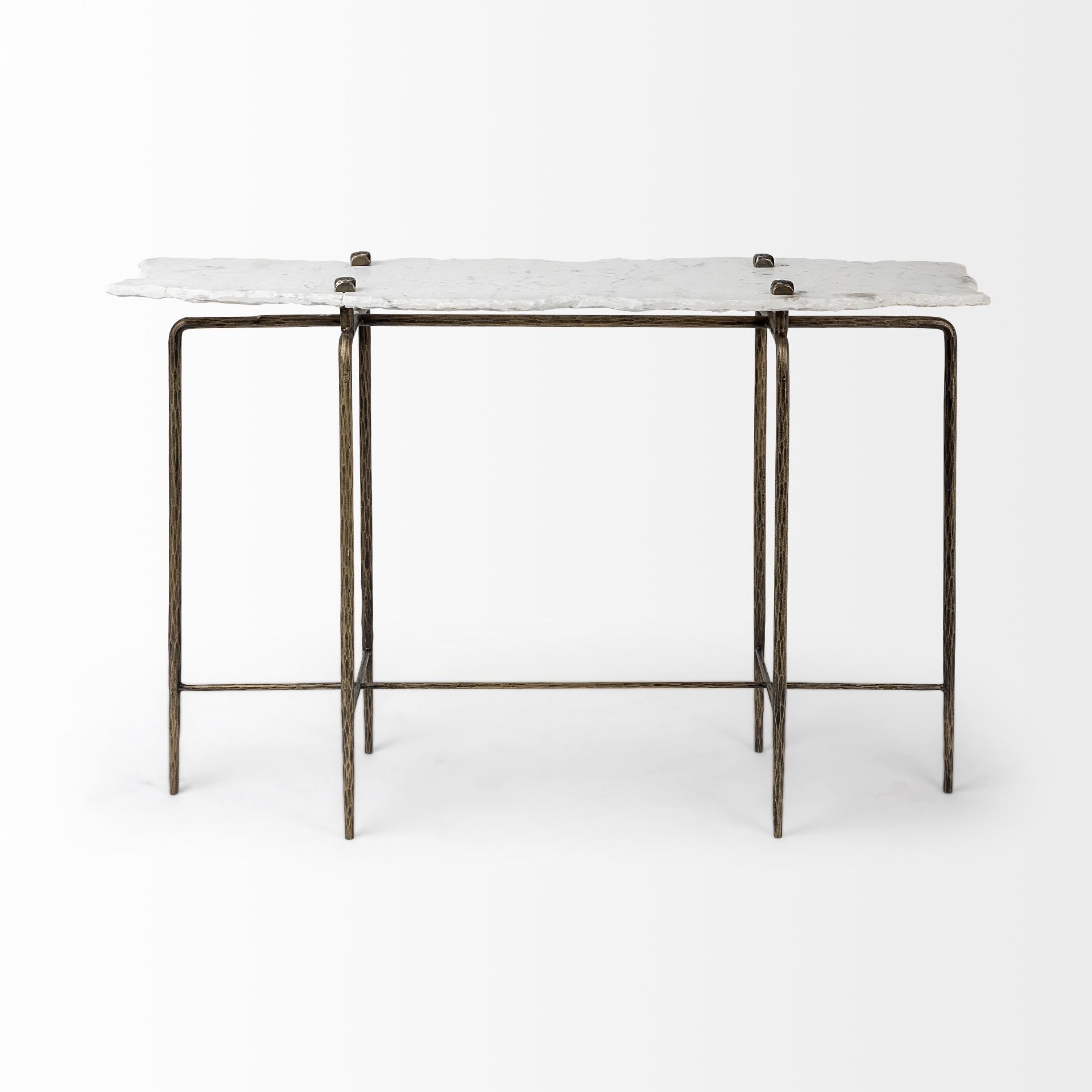 49" White and Brass Genuine Marble and Iron Distressed Six Leg Console Table