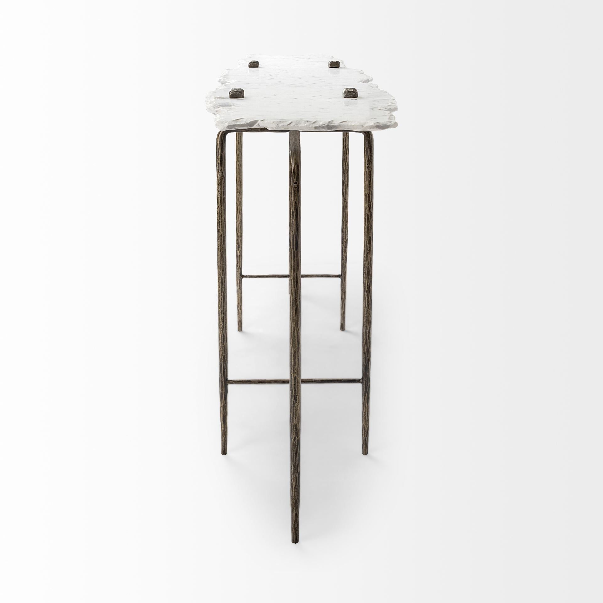 49" White and Brass Genuine Marble and Iron Distressed Six Leg Console Table