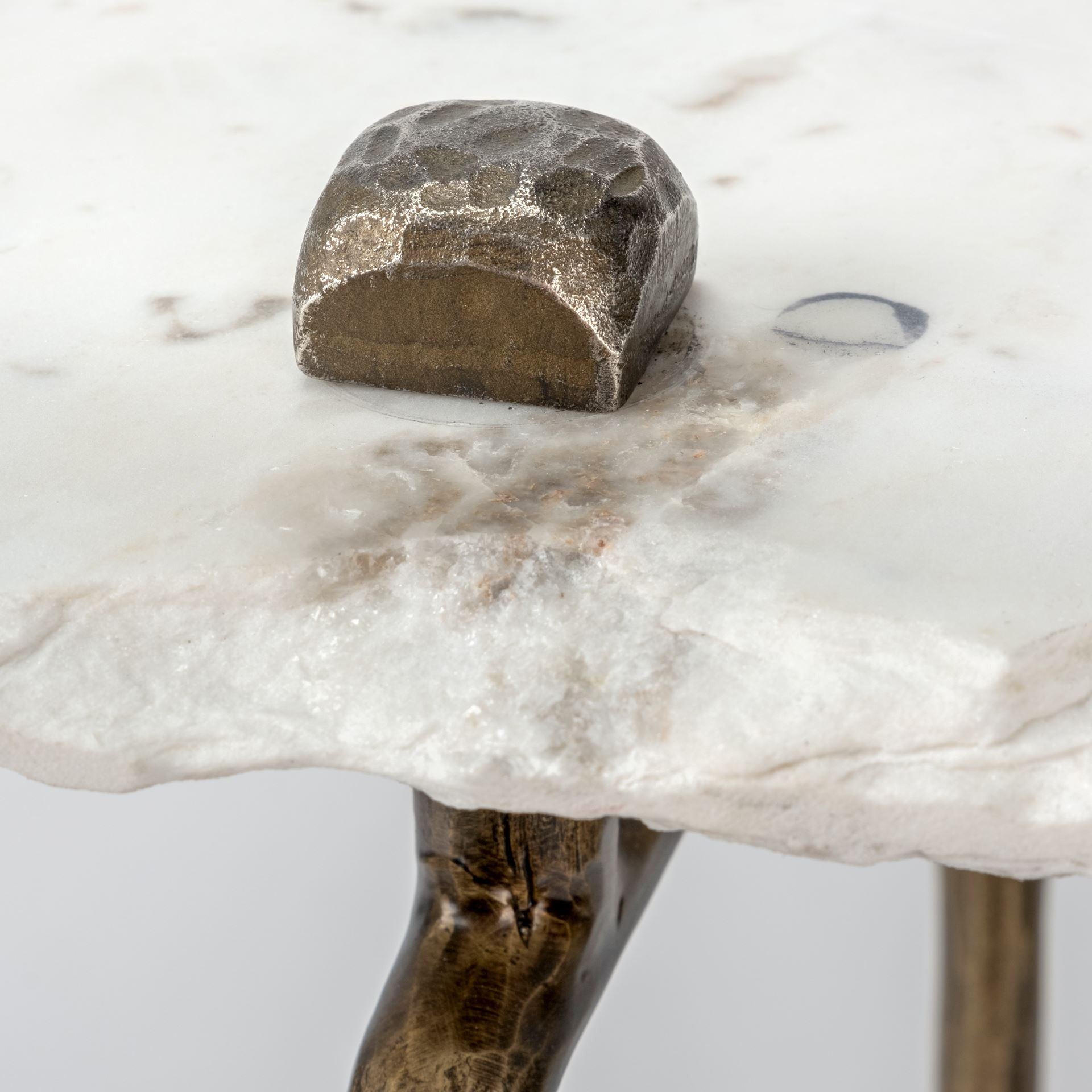 49" White and Brass Genuine Marble and Iron Distressed Six Leg Console Table