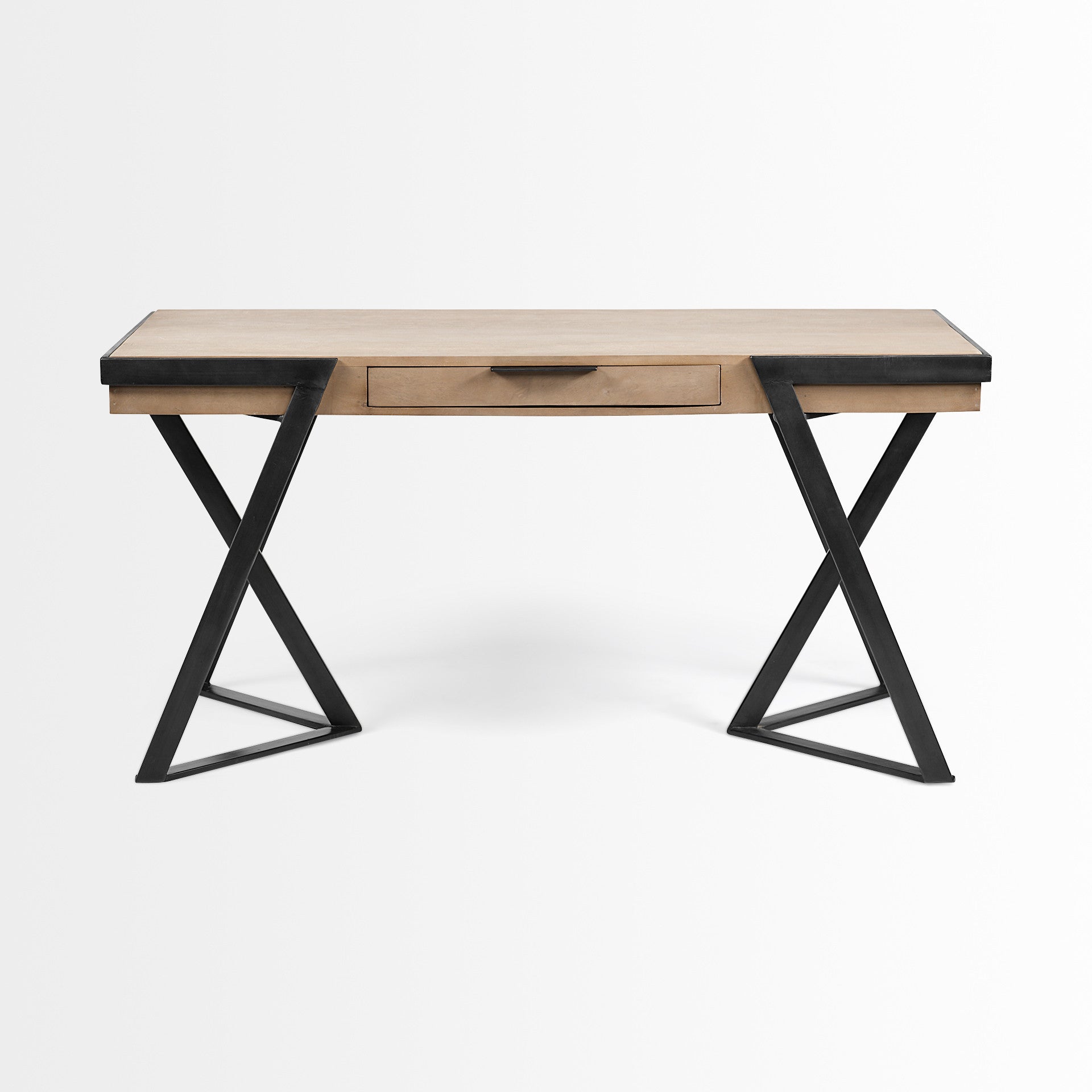 Solid Mango Wood Finish Writing Desk With Single Storage And Black Triangular Iron Legs