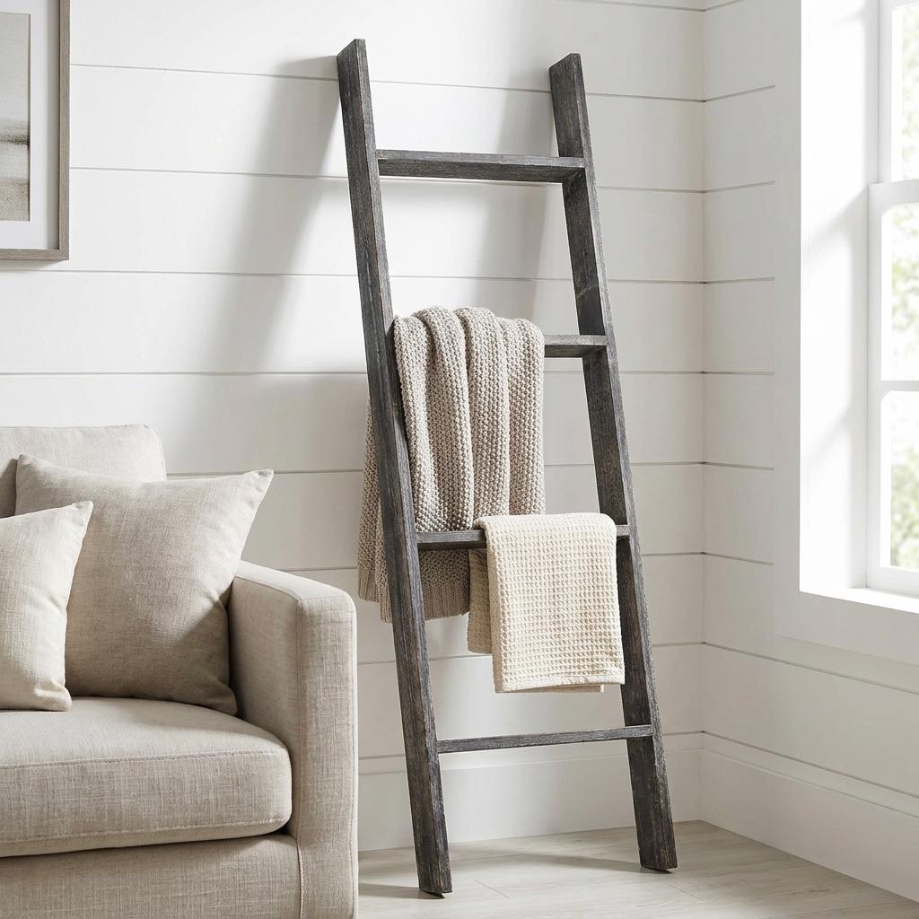48" Black Distressed Solid Wood Four Step Ladder Shelf