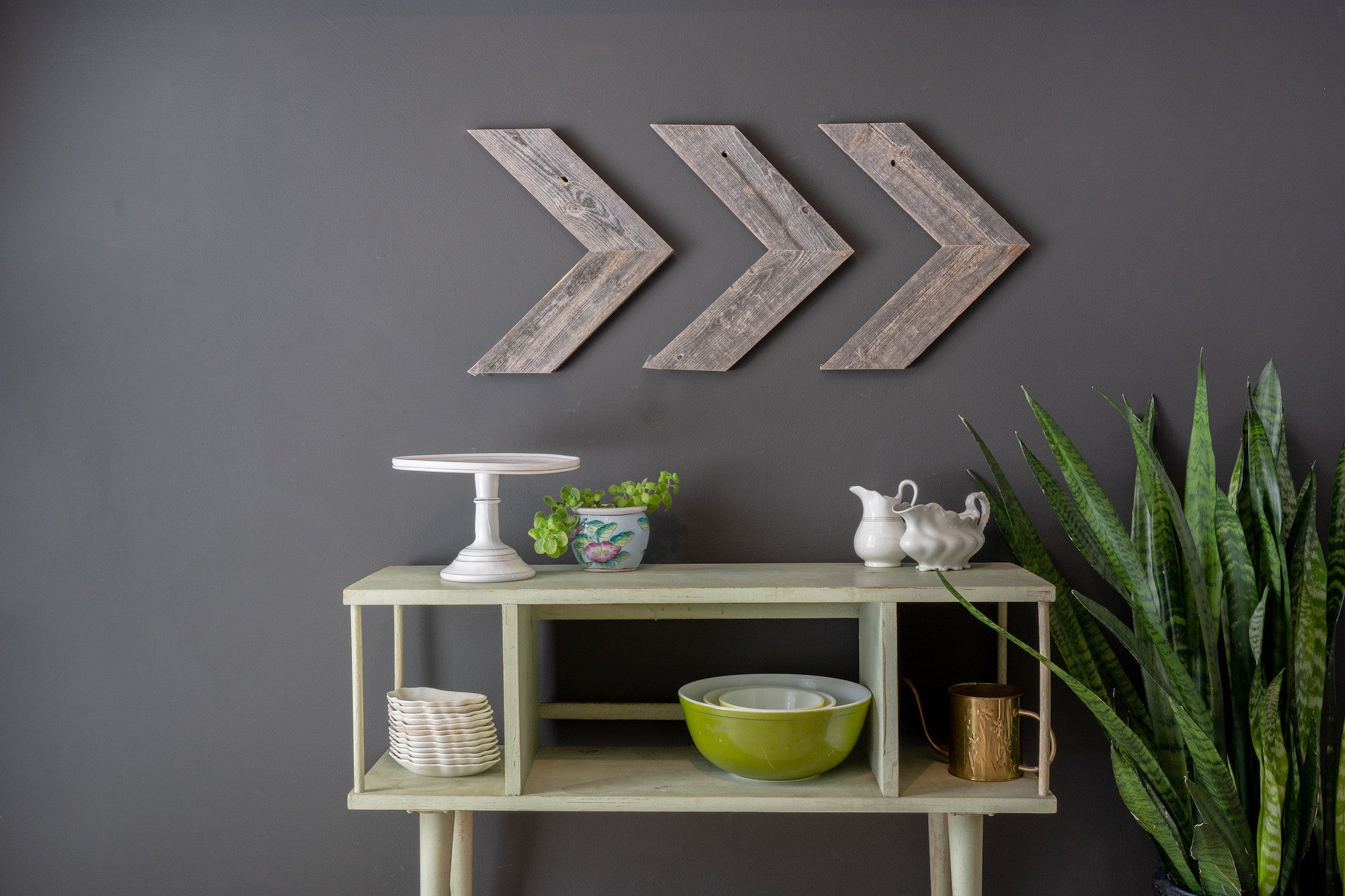 Set of Three Gray Distressed Wood Hanging Arrow Dimensional Sculptures