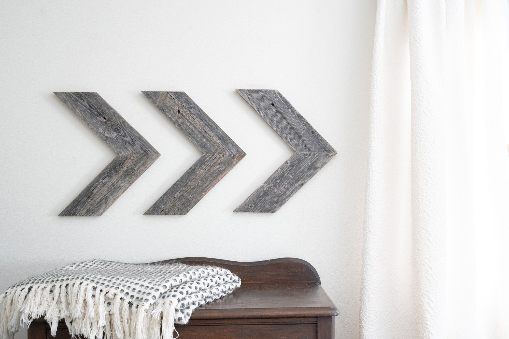 Set of Three Gray Distressed Wood Hanging Arrow Dimensional Sculptures