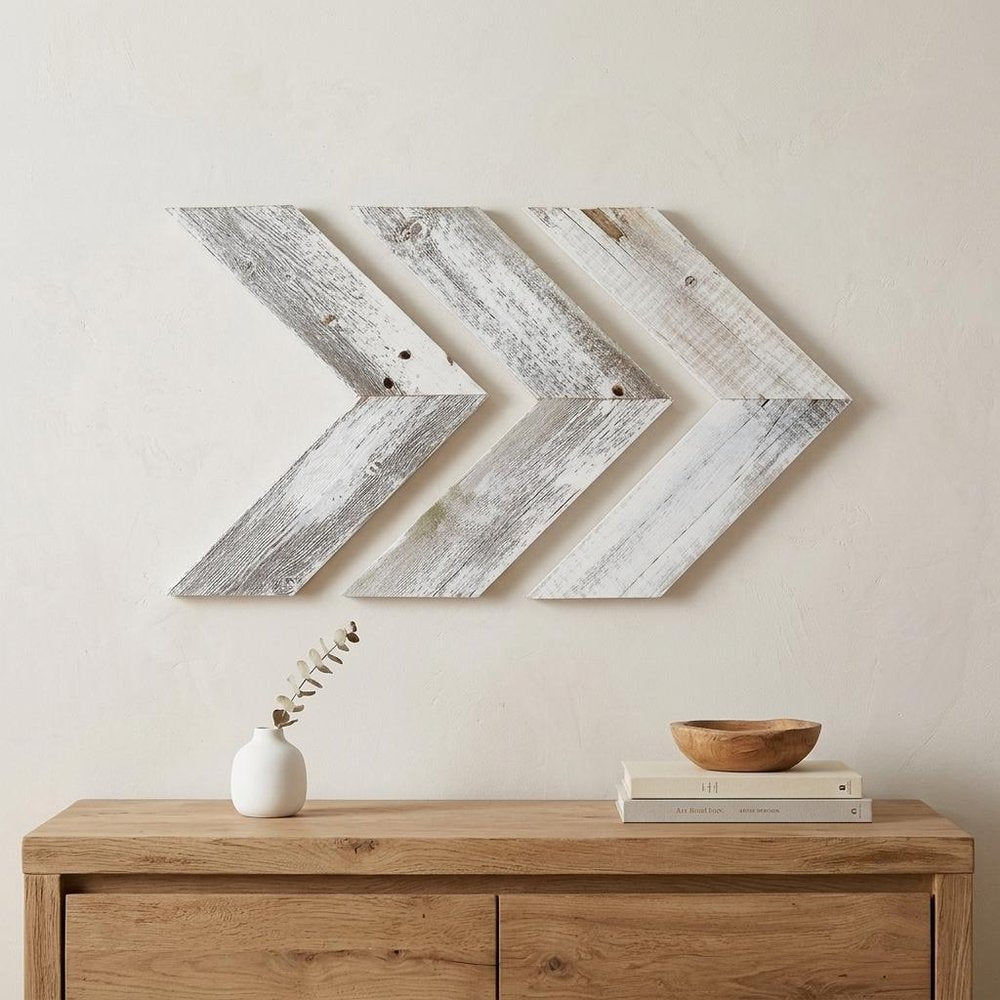 Set of Three Gray Distressed Wood Hanging Arrow Dimensional Sculptures