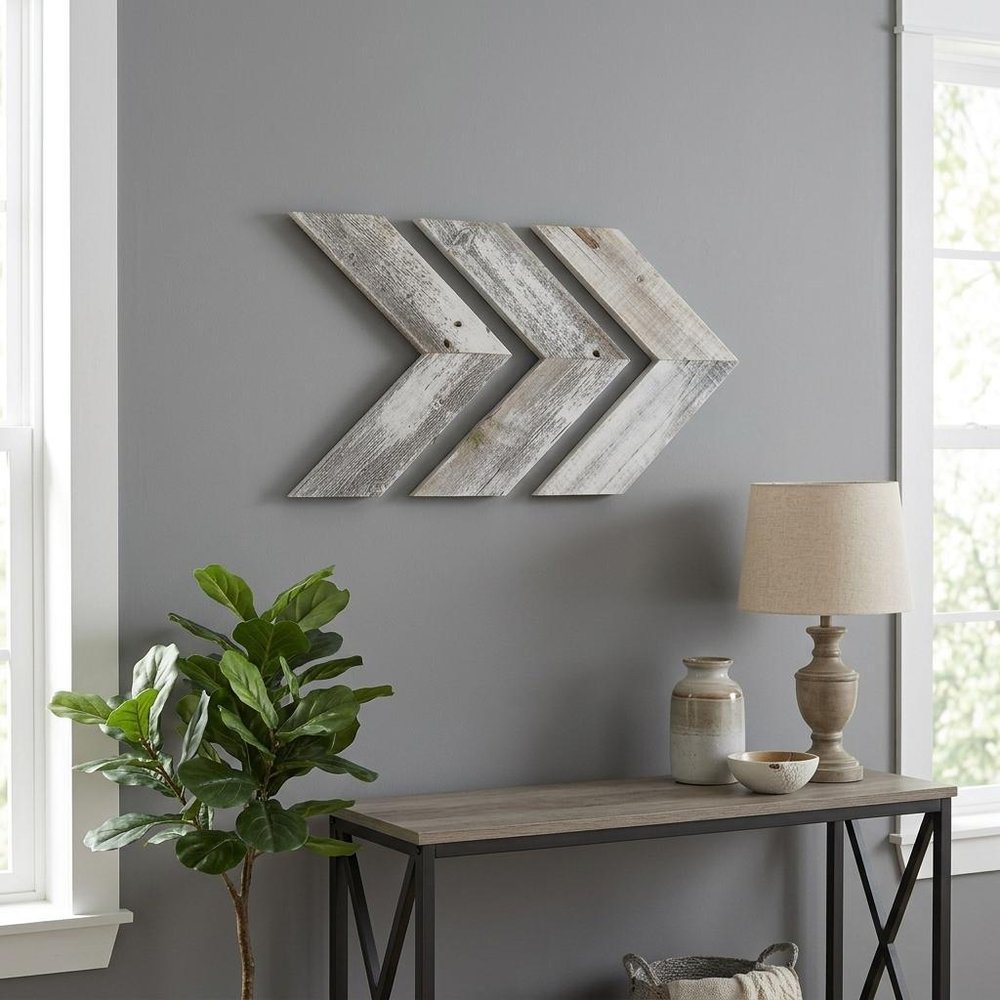 Set of Three White Distressed Wood Hanging Arrow Dimensional Sculptures